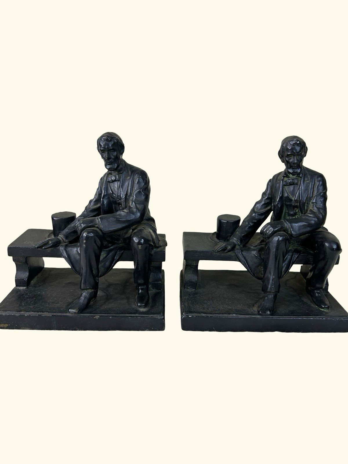 Vintage Pair of Coated Brass Heavy President Abraham Lincoln on Bench Bookends 