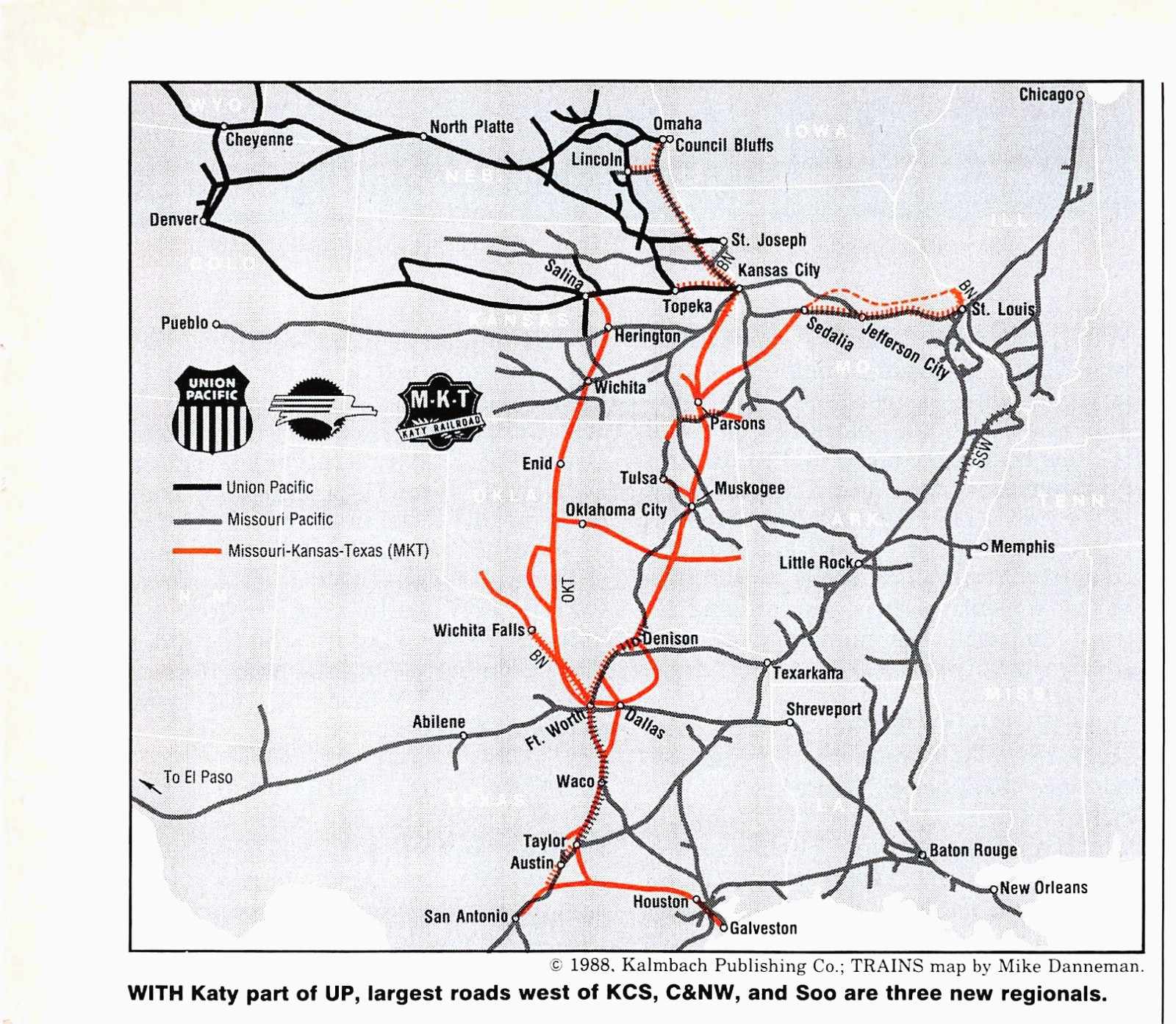 Union Pacific Missouri Pacific MoPac MKT Katy Railroad Sys. Map Vtg Map Excerpt