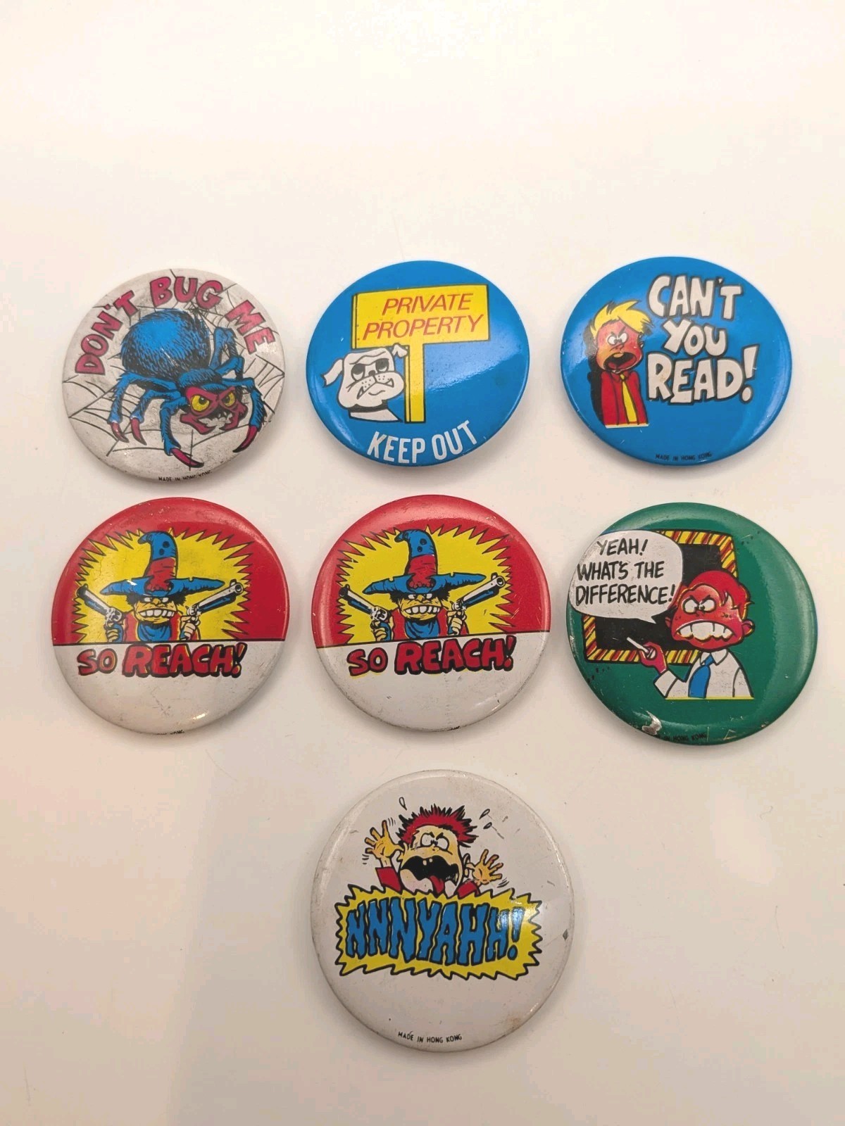 Vtg 1960s/70s Pin Back Buttons Spider Bulldog Cowboy~Tin Litho~Funny~Lot of 7