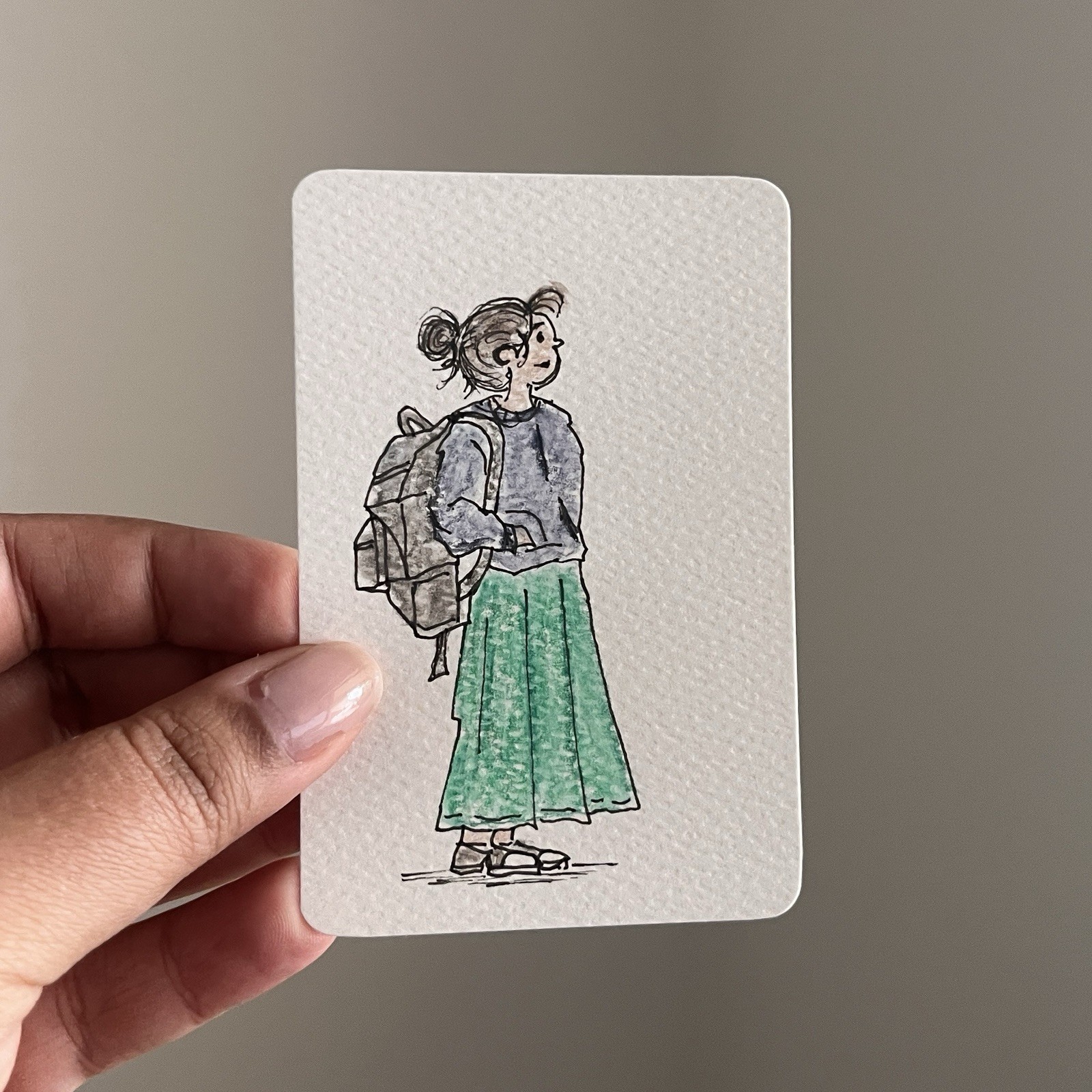 Original ACEO Art Card Woman Backpack Green Skirt Fashion Illustration Signed