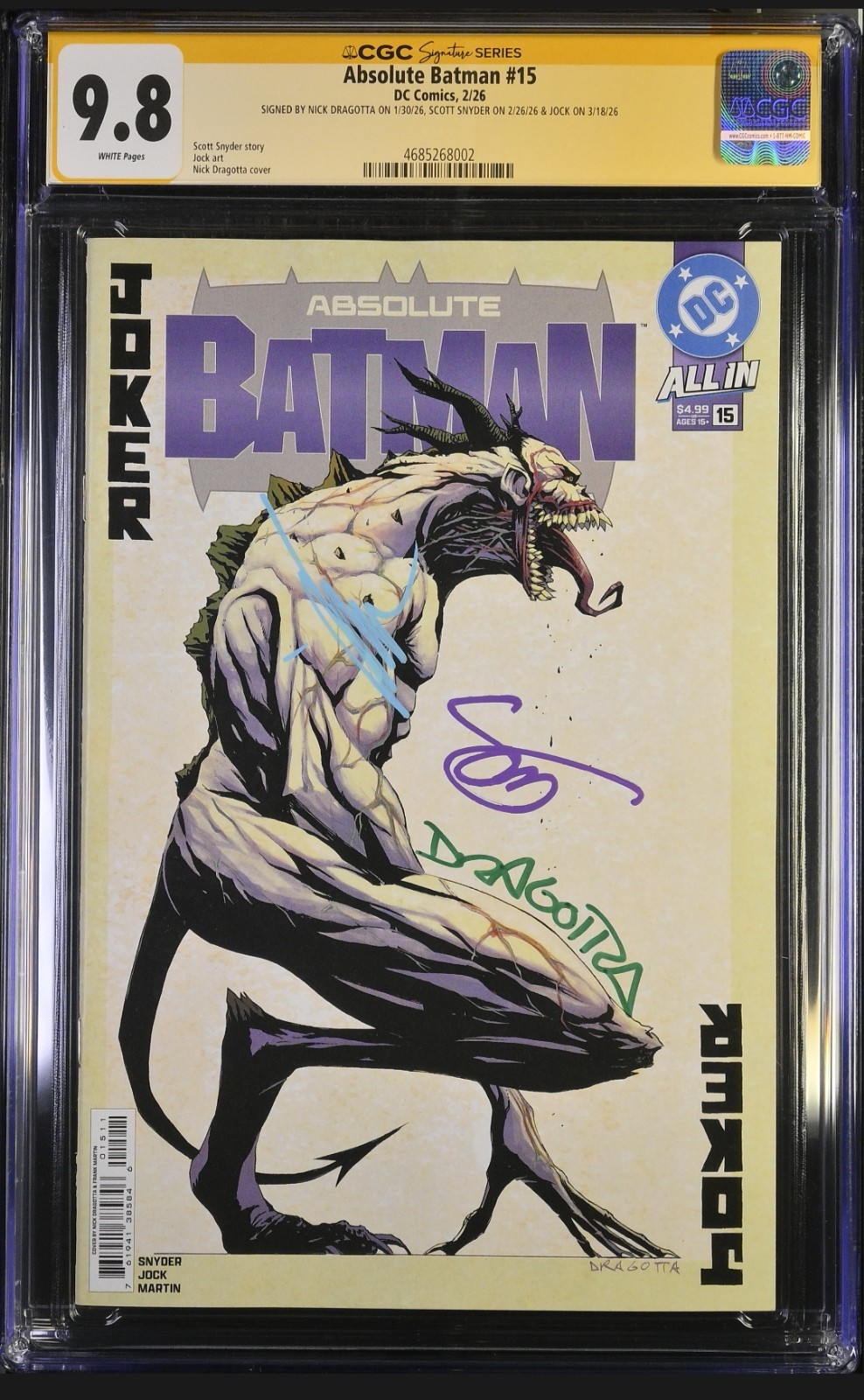 Absolute Batman #15 CGC 9.8 SIGNATURE SCOTT SNYDER, NICK DRAGOTTA & JOCK Top Pop