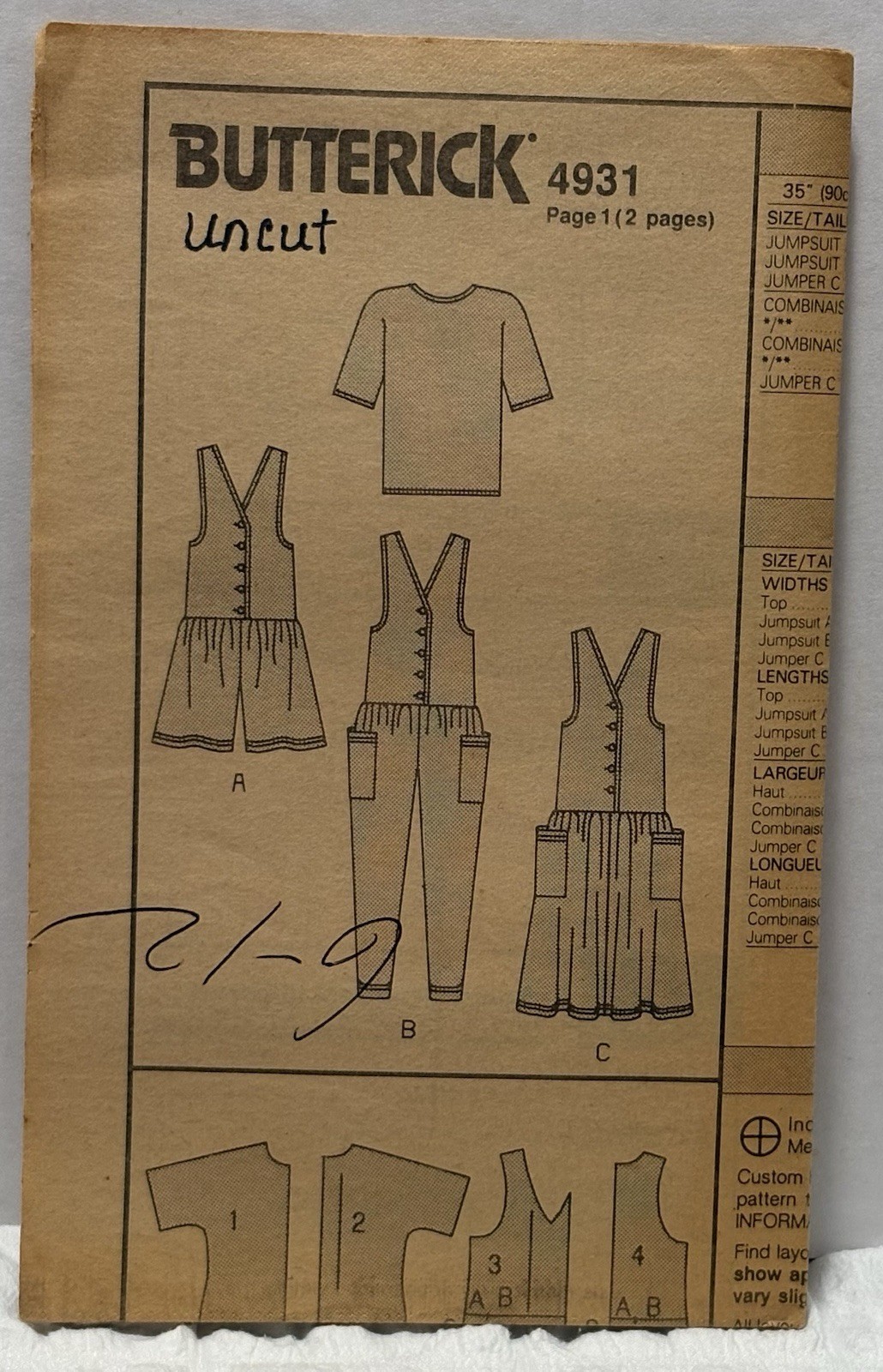 Butterick 4931 Size 6-12 Jumper, Top, Jumpsuit *PREOWNED* UNUSED Butterick 4931 Size 6-12 Jumper, Top, Jumpsuit *PREOWNED* UNUSED