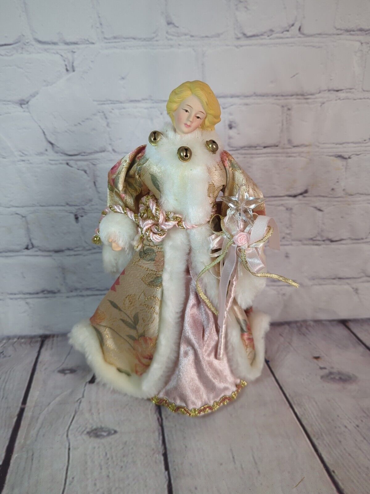 Vintage Christmas Angel tree topper Porcelain Head pink & gold faux fur 11\