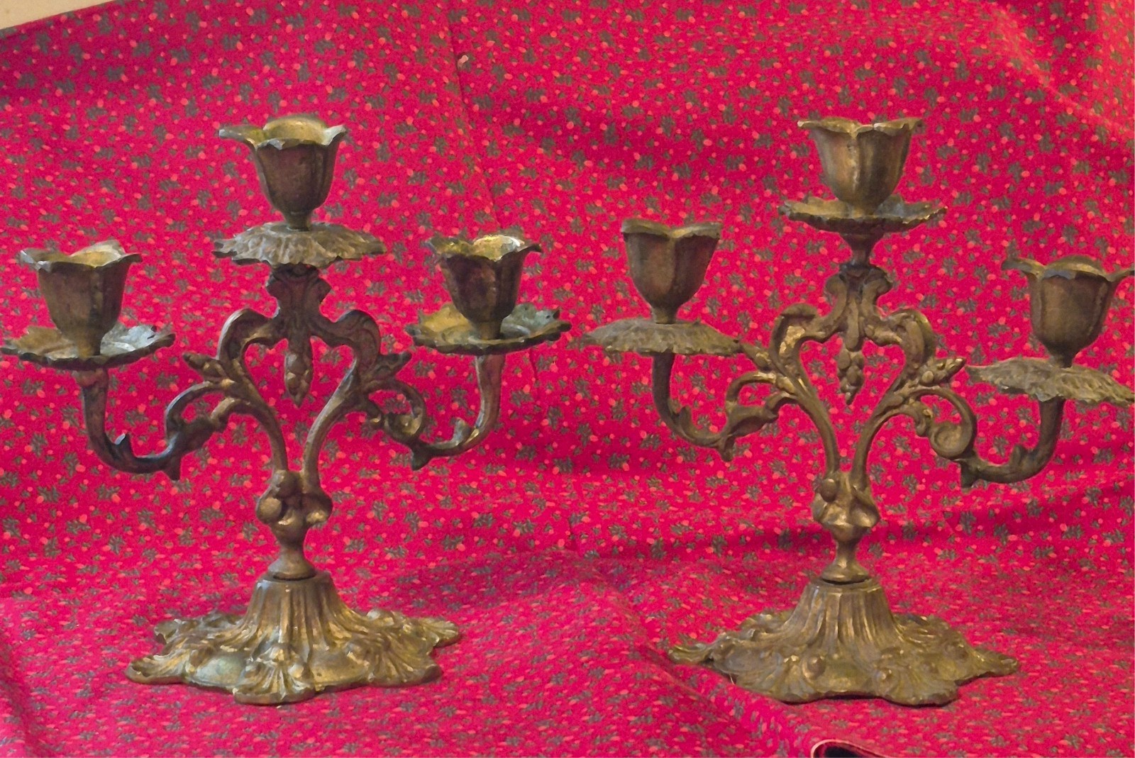 Antique Pair Candelabras European 1880 - 1920 Brass Rococo Louis XV 3 Arm 313