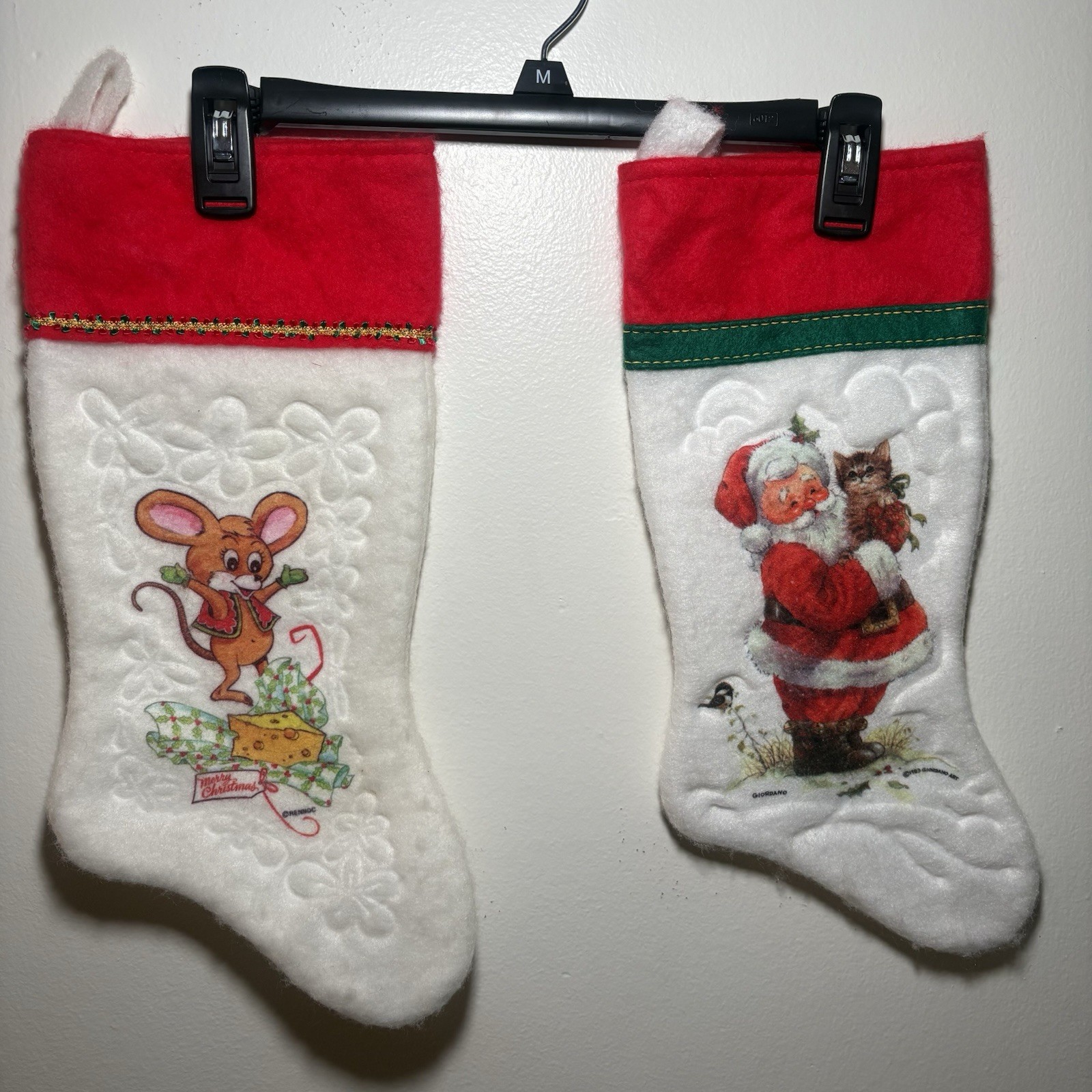 Two Vintage Embossed Felt Christmas Stockings Giordano and Rennoc Holiday
