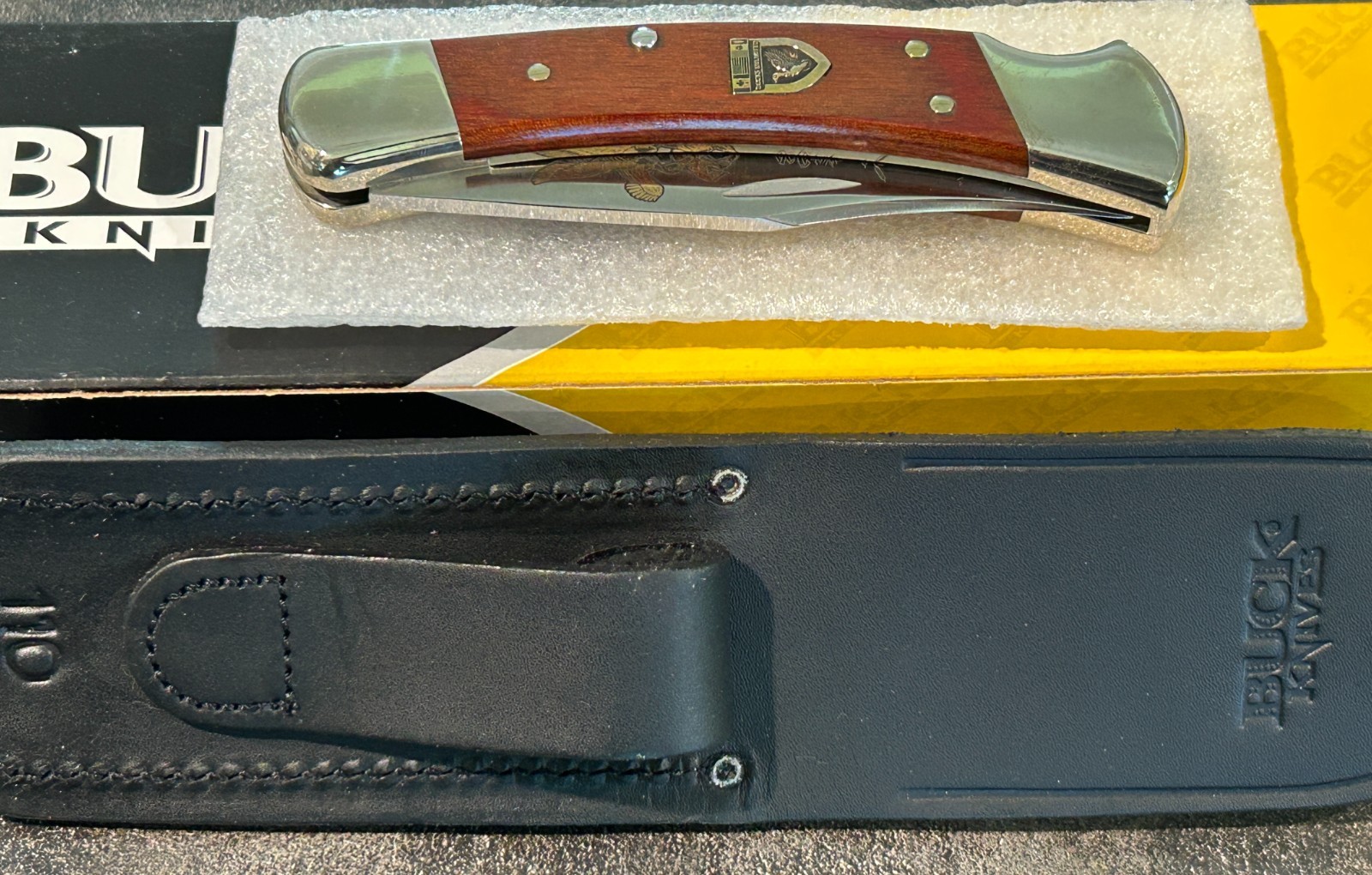 1980s BUCK 110 4-Dot Ducks Unlimited Etched Folding Hunter Knife w/ Sheath & Box