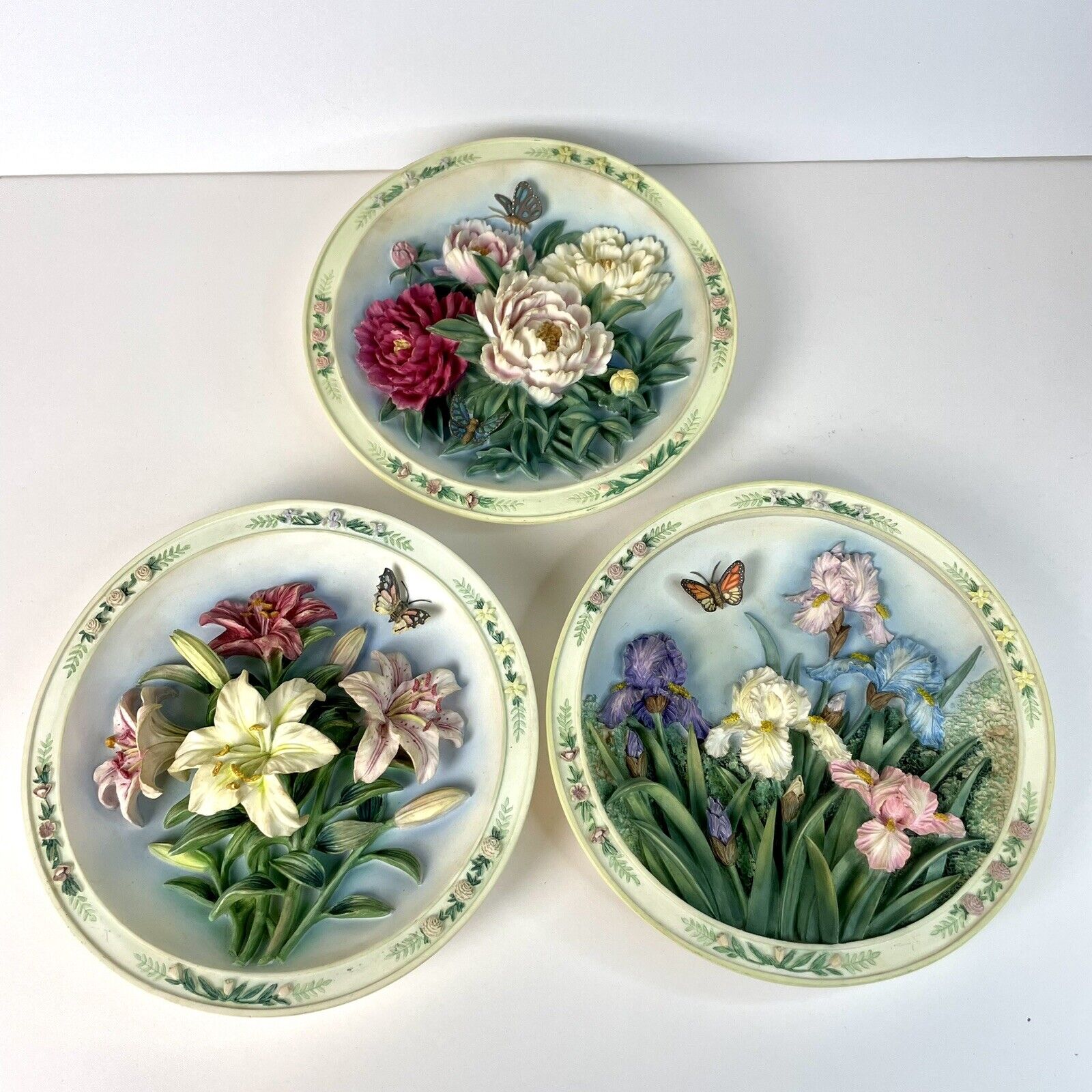 Vintage Beautiful Gardens Bradford Lot Of 3 3D Plates Cottagecore Flowers Peony