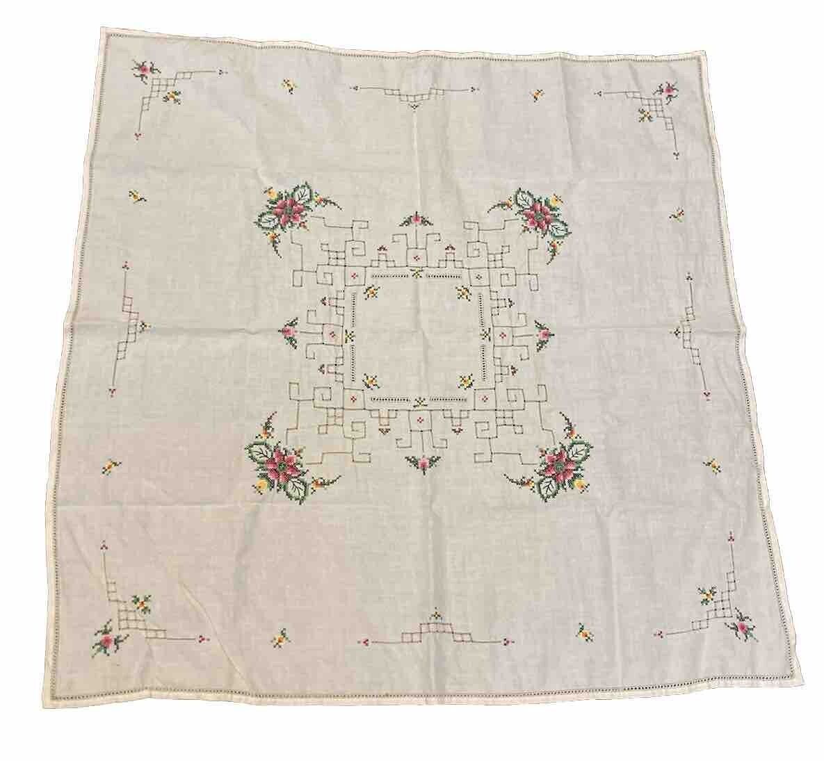 Vintage Tablecloth Square  Cross Stitched Spring Flowers Pierced Boarded 30”x30”