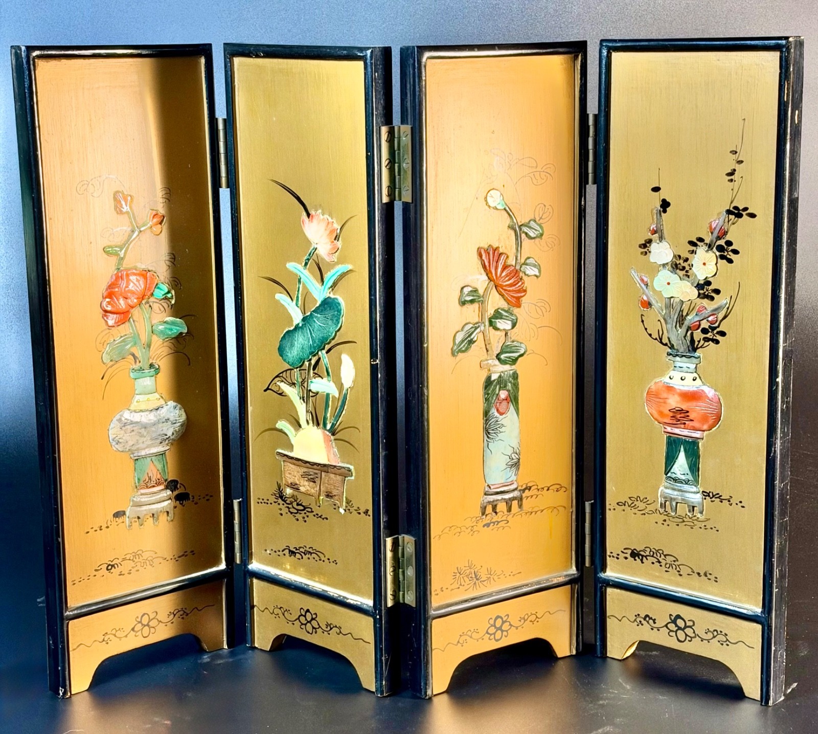 Vintage Chinese 4-Panel Double Sided Tabletop Screen