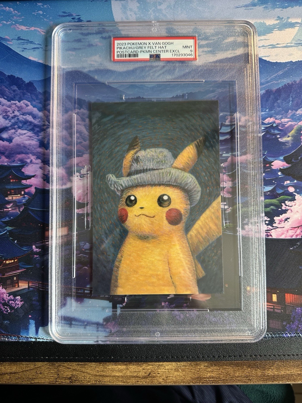 2023 POKEMON X VAN GOGH POSTCARD PIKACHU WITH GREY FELT HAT PSA 9