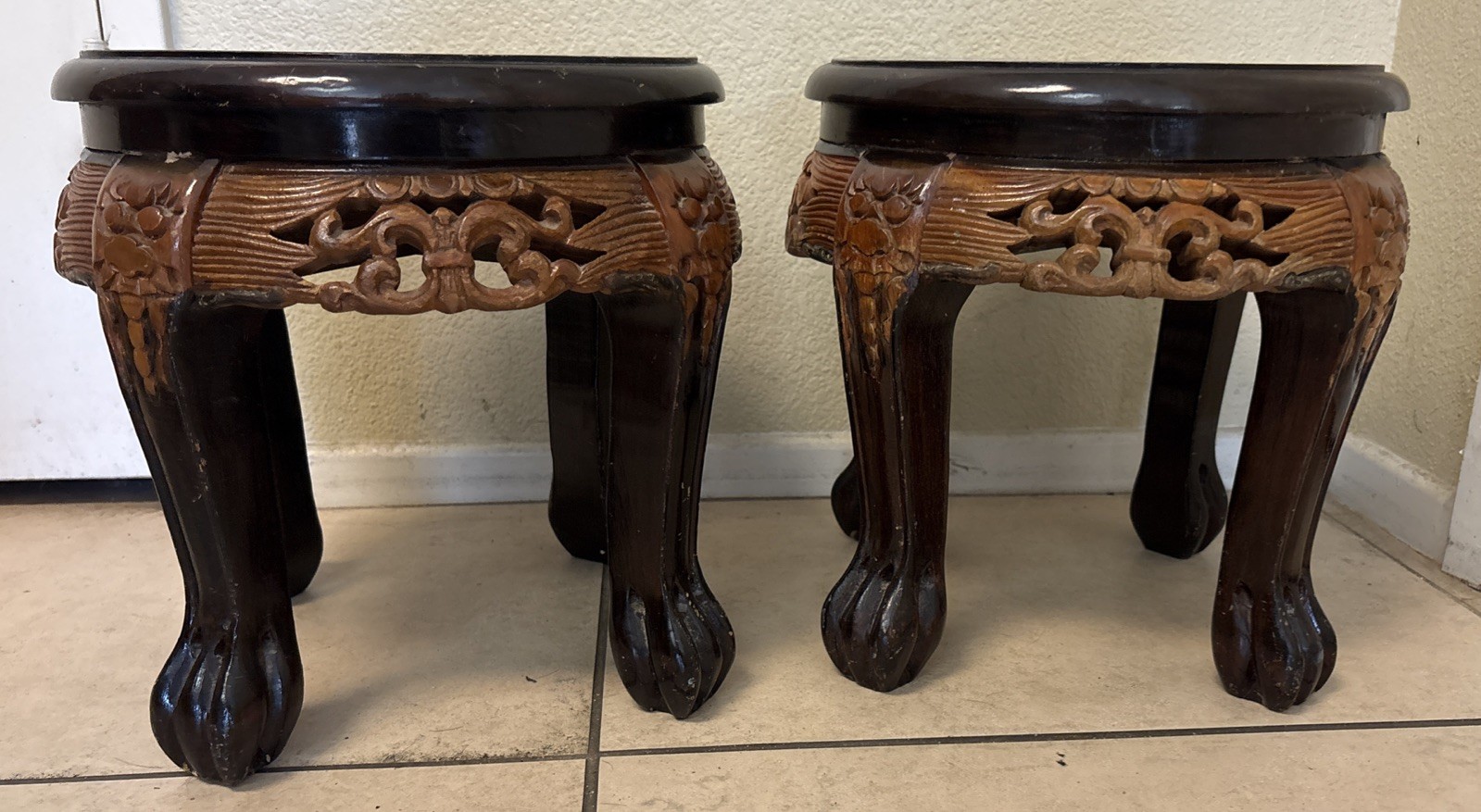 Chinese Antique 20th Century Dragon Rosewood Stool Plant Stand Display Claw Feet
