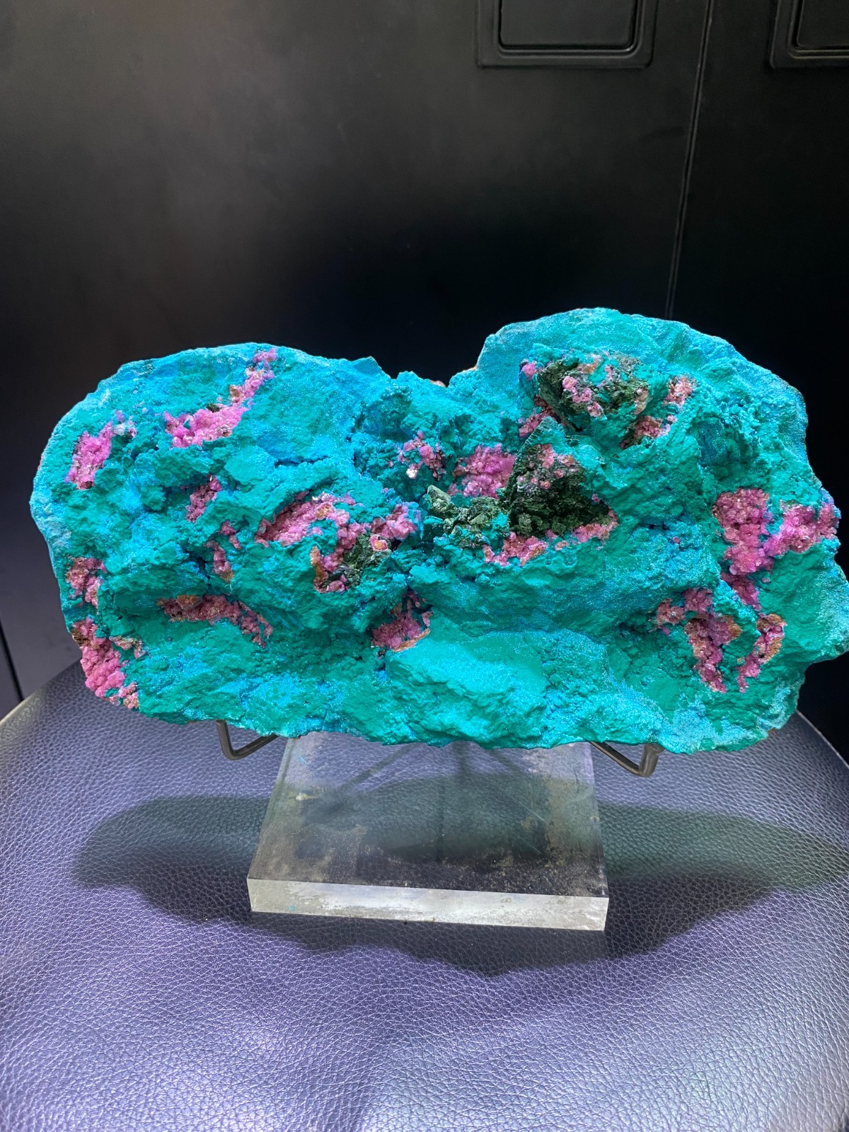 3.98lb Rare Top Natural Aurichalcite &Cobaltocalcite Quartz Crystal collect+base
