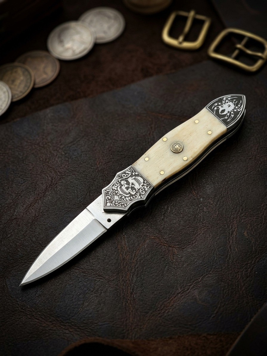 Handmade Pocket Knife Engraved Skull Spider Bone Handle Folding Knife Men\'s Gift Handmade Pocket Knife Engraved Skull Spider Bone Handle Folding Knife Men\'s Gift