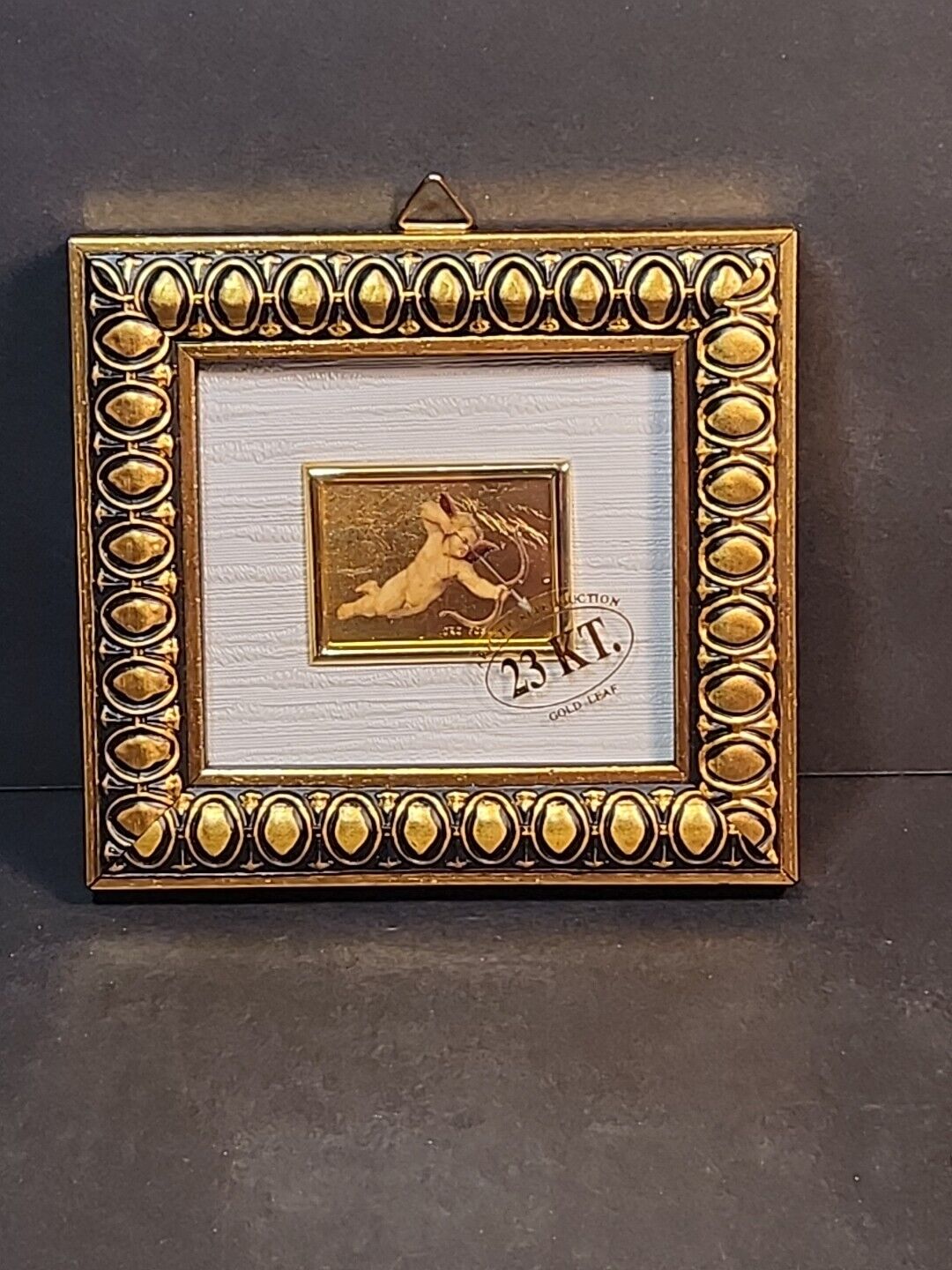23kt Gold Leaf Cupid Cherub Angel Miniature Framed Art Italy Ornate