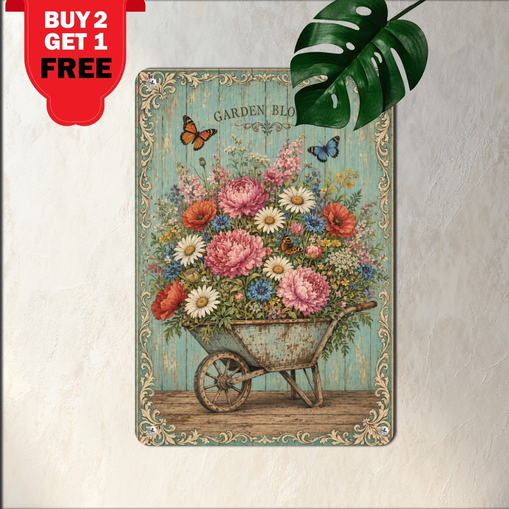 Turquoise Wood Background Floral Wheelbarrow Sign Rustic Garden Metal Tin Plaque