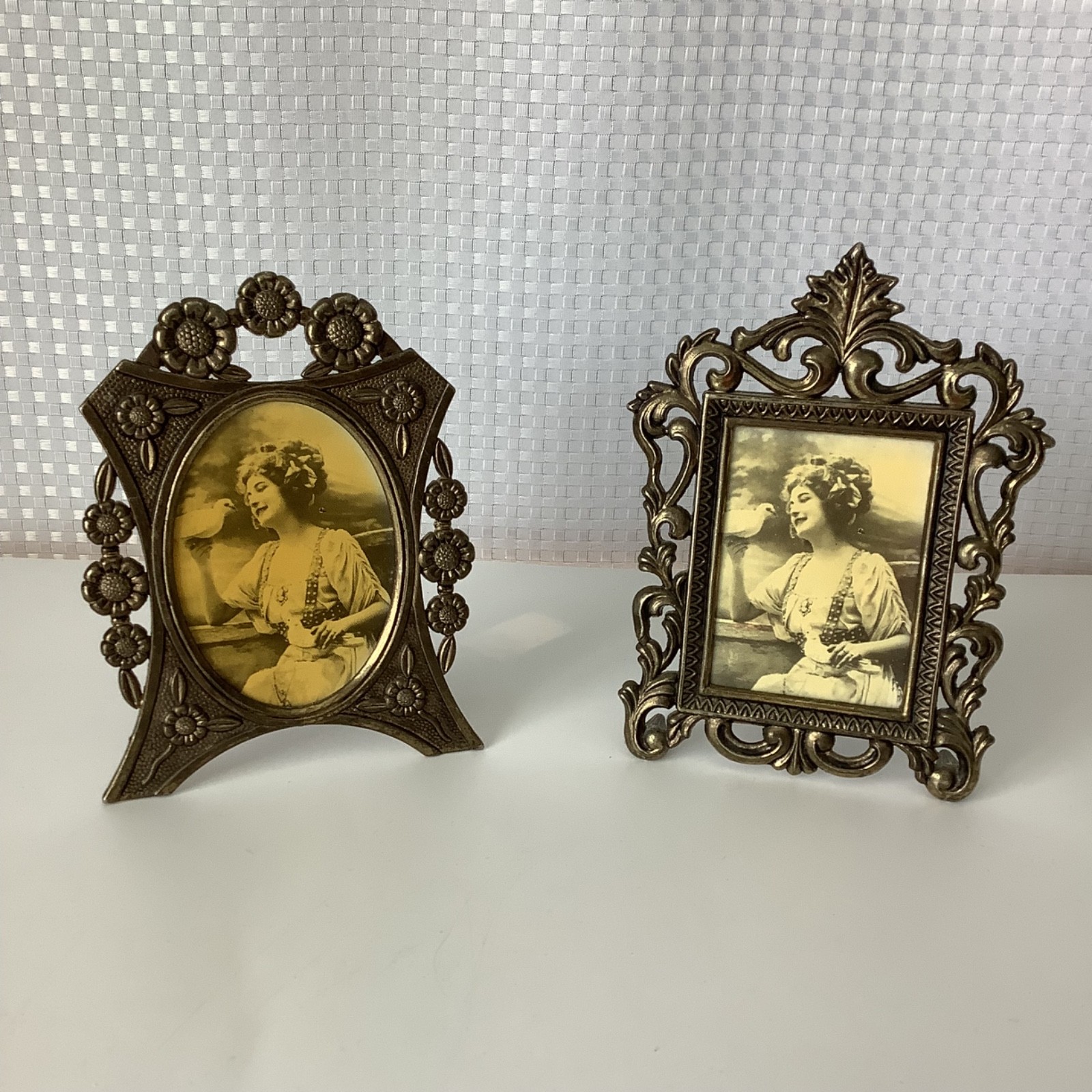 Pair Vintage Ornate Miniature 925 Sterling Silver Gold Vermeil Picture Frames