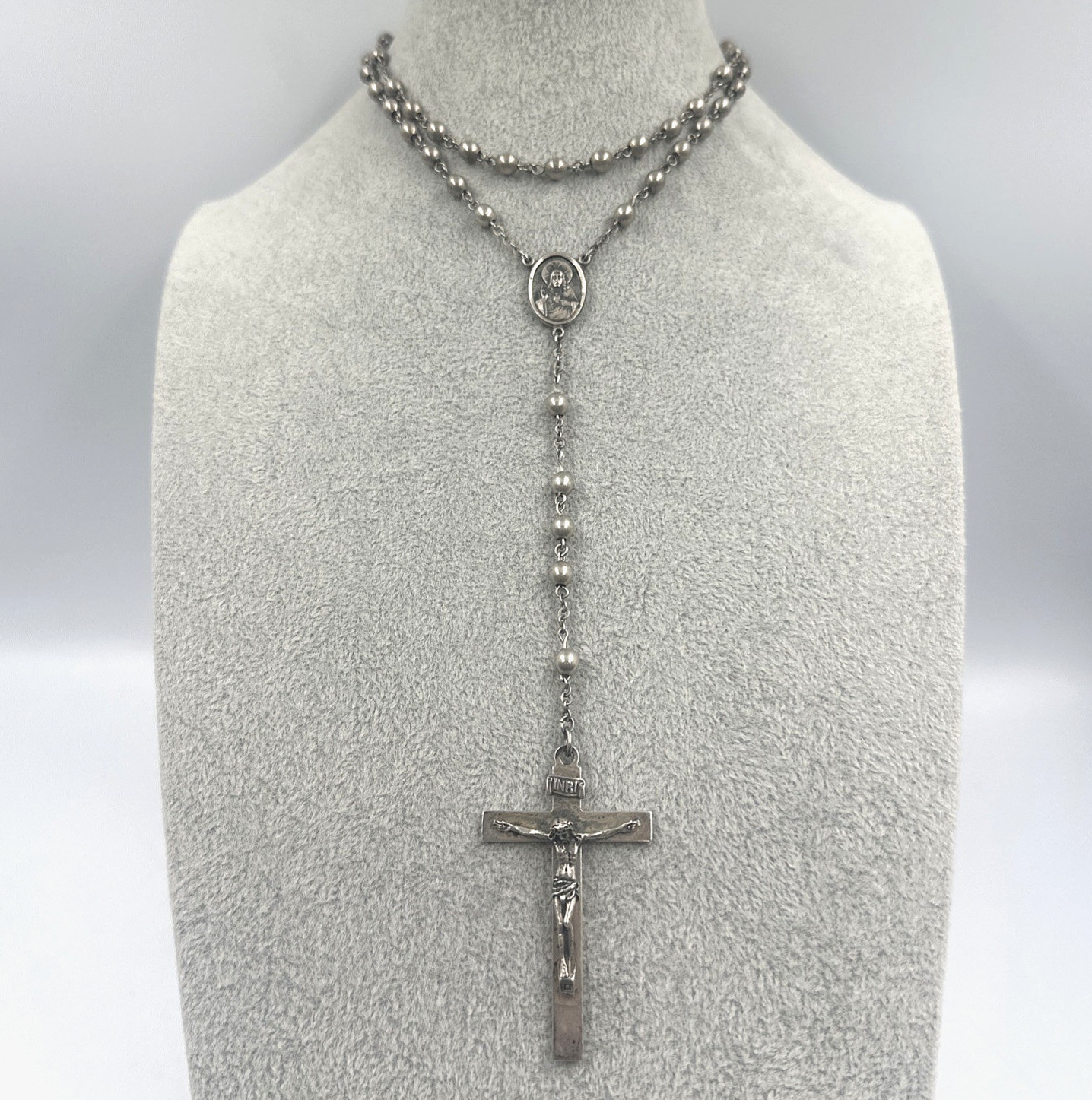 Vtg Rosary Large 24” + 6.5” Drop All Sterling Silver Sacred Heart Medal 24.3g