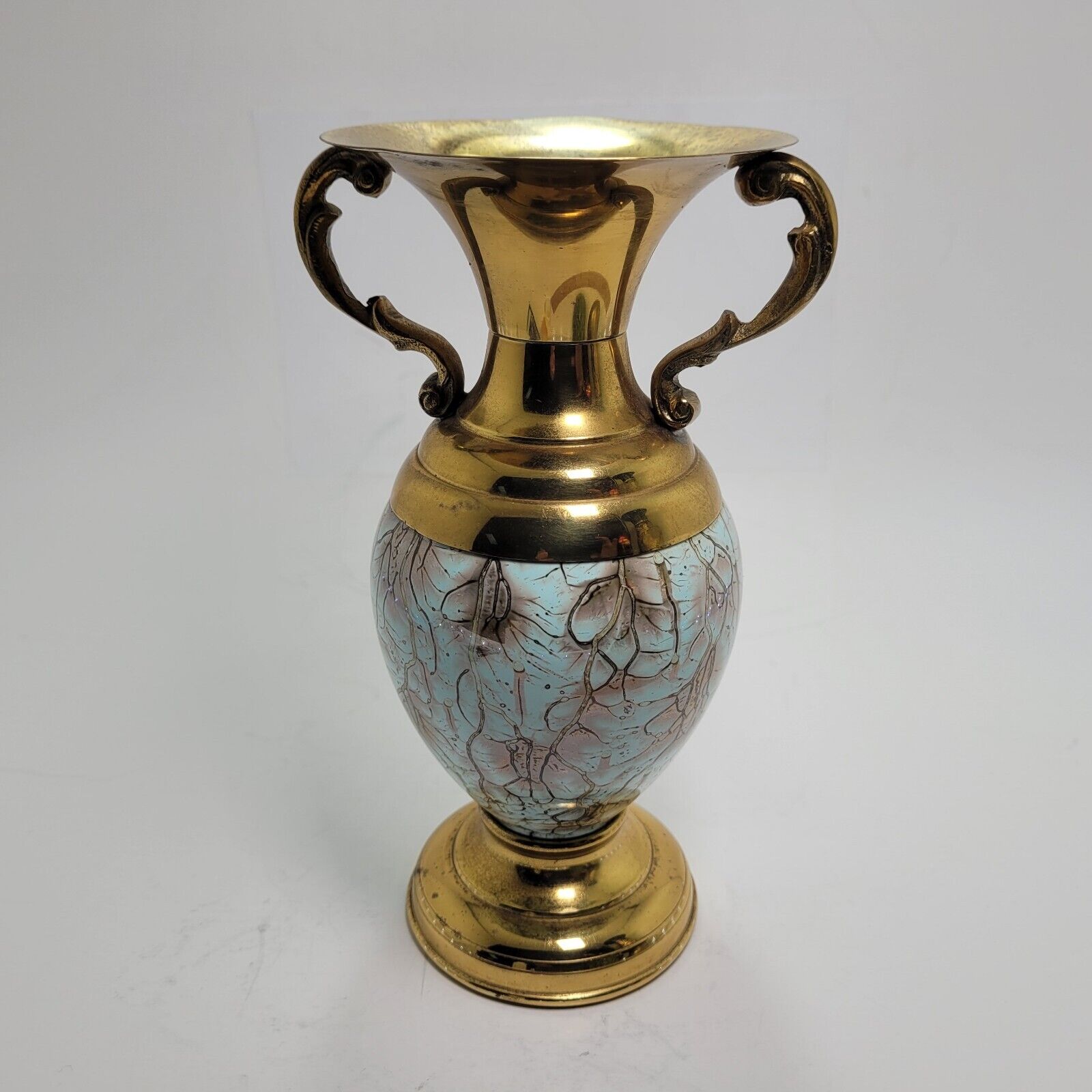 Mid Century Modern Delftware Brass Vase Urn Double Handles 7.5\