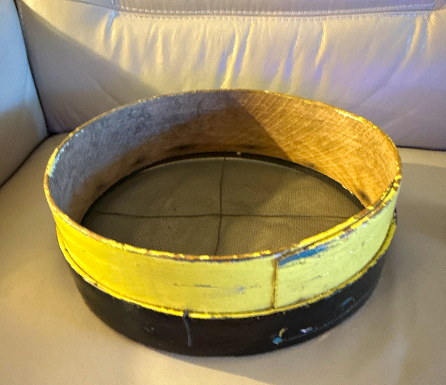 Vintage Round Mesh Sifter Wood Frame Yellow Black Marking G. w. B. Very Rare
