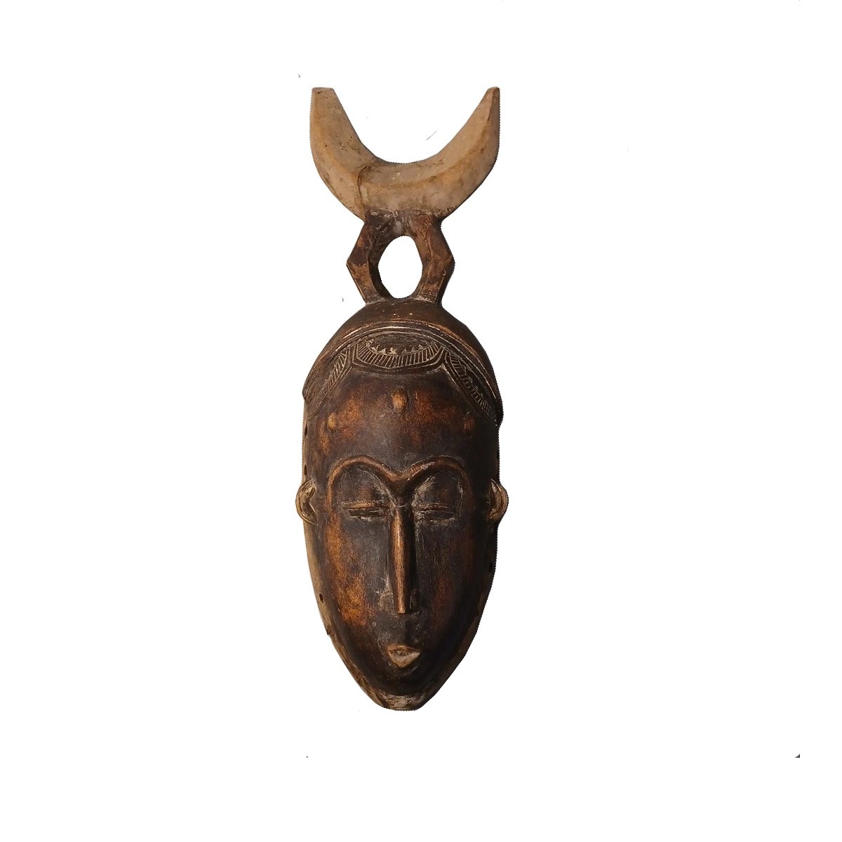 Vintage West African Hand-Carved Wooden Mask with Horned Crest – Tribal Wall Art