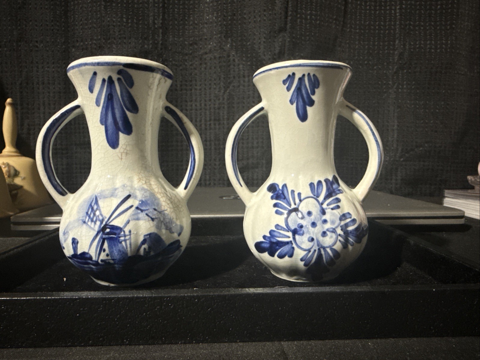 Vintage Small Delft Blue Hand Painted Vase Set