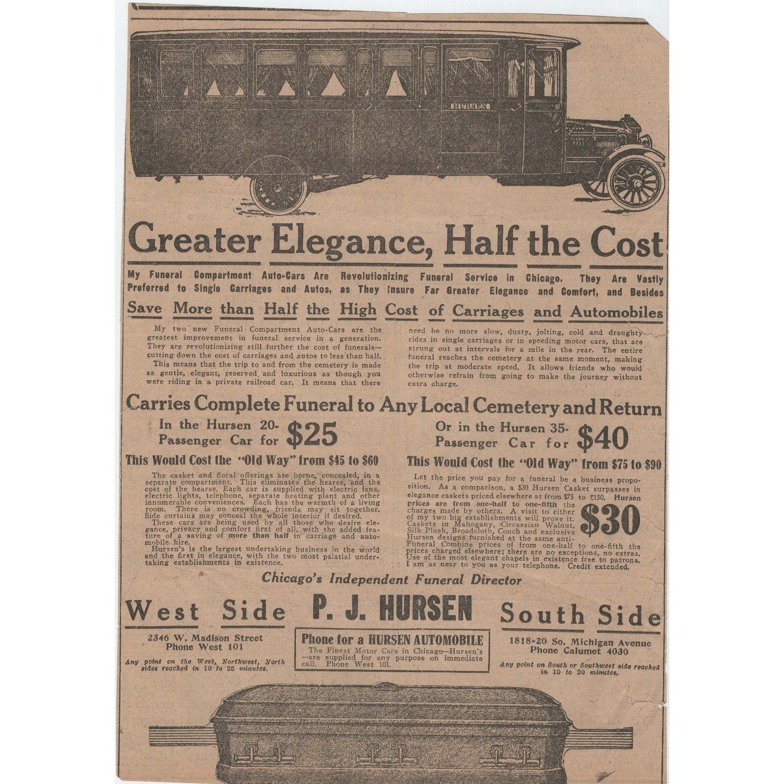 Vintage P.J. Hursen Chicago Funeral Auto-Car Newspaper Ad Illustration Ephemera