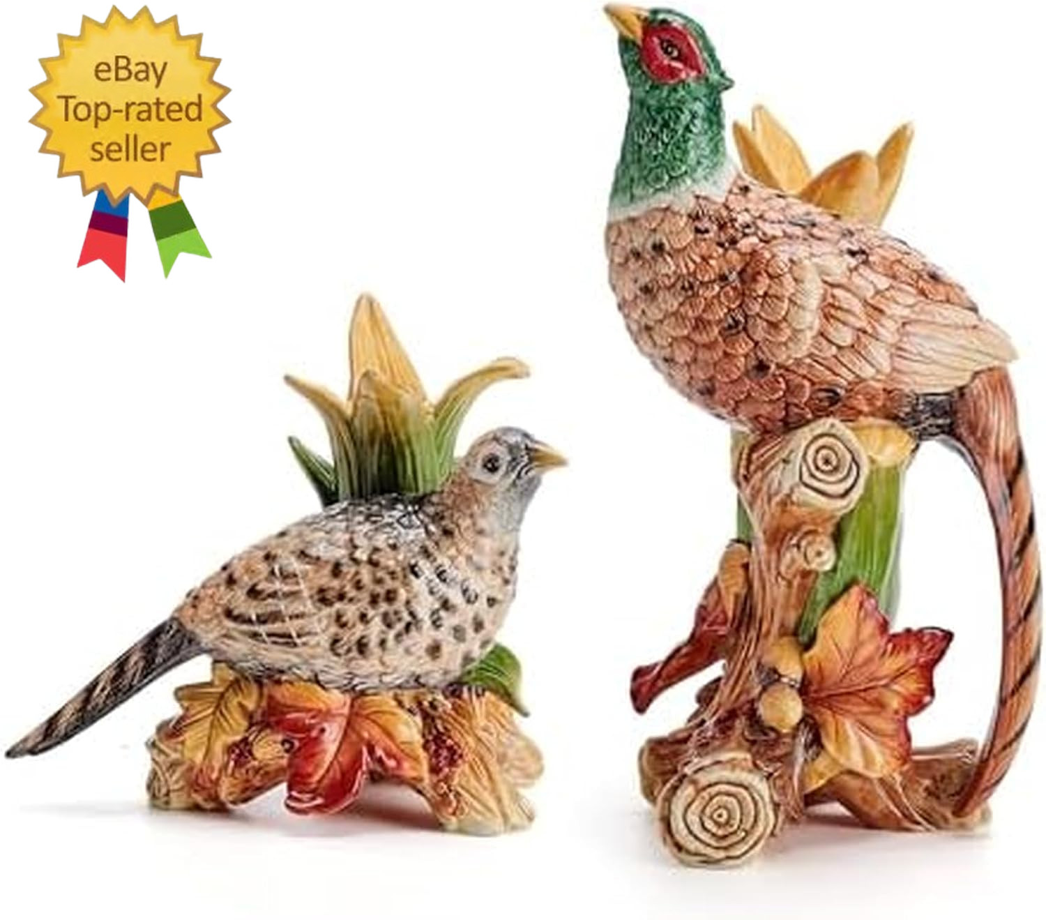 Fall Harvest Pheasant Ceramic Figurine Candleholders, Set of 2, 10.5 and 6.25 I