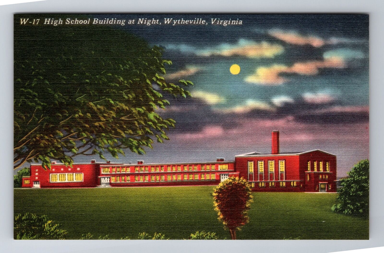 Wytheville VA-Virginia, High School Building At Night, Antique Vintage Postcard