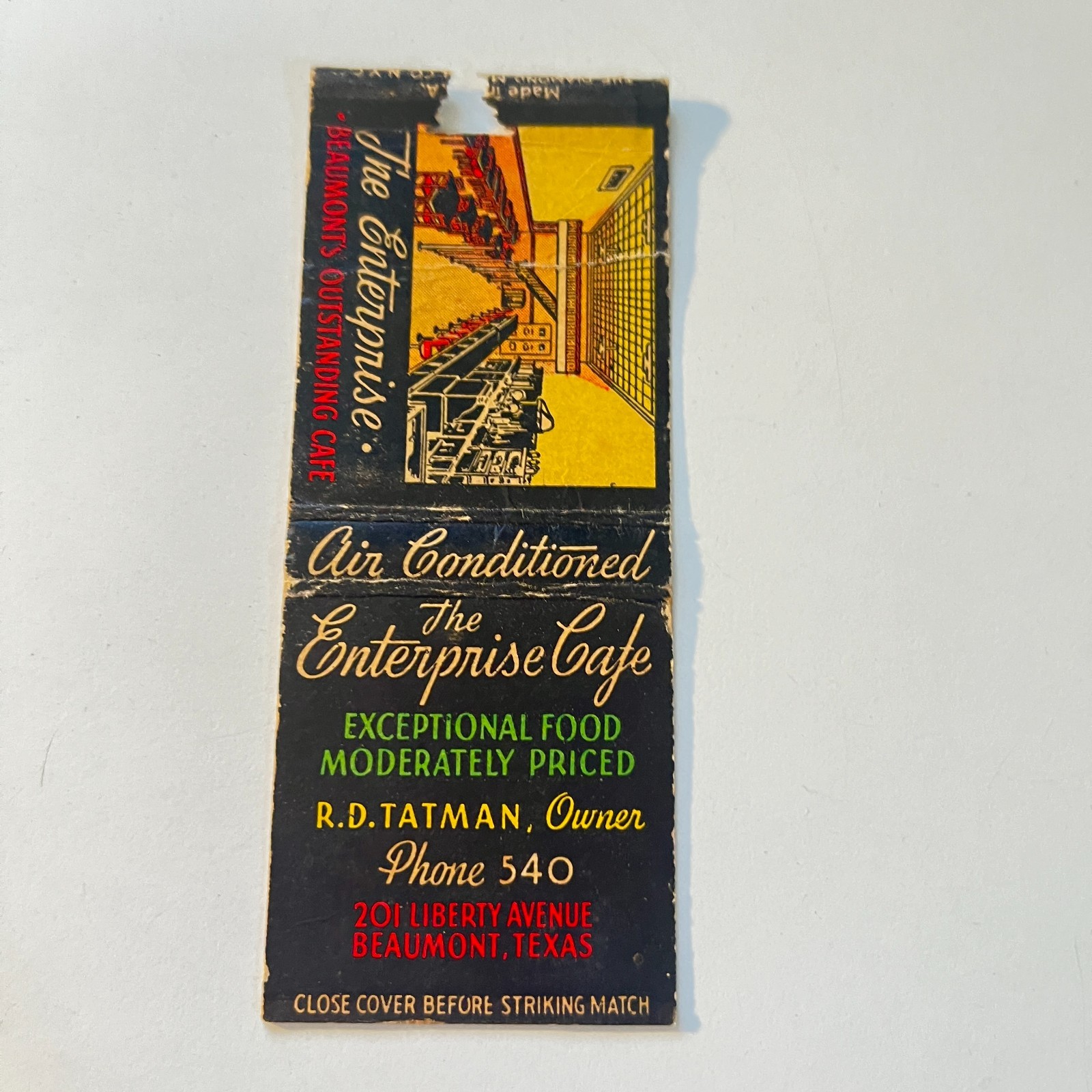The Enterprise Cafe R. D. Tatman Beaumont TX Vintage Matchbook Cover 4MB112-1