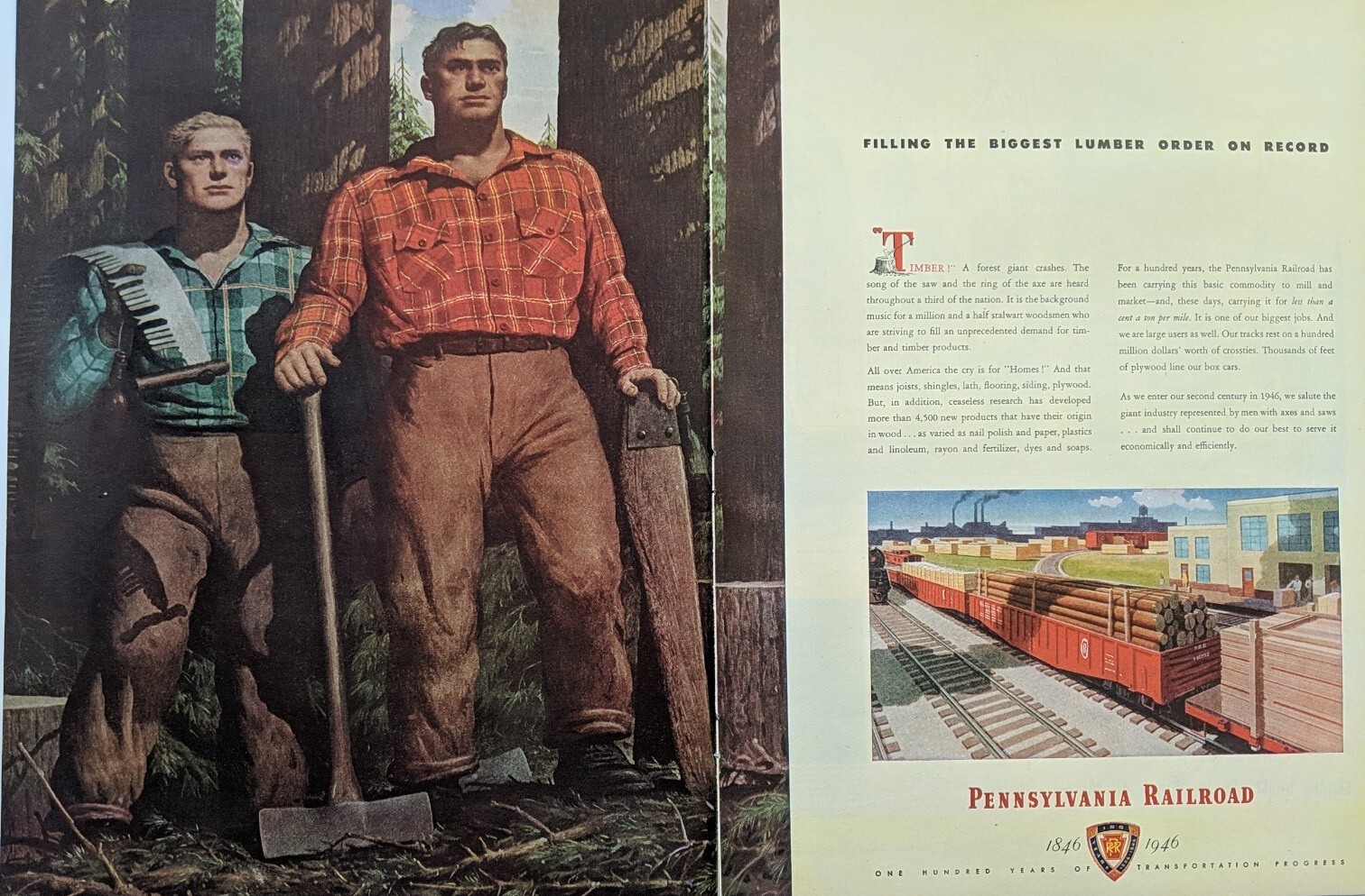 1946 vintage Pennsylvania railroad print ad, filling the biggest lumber order