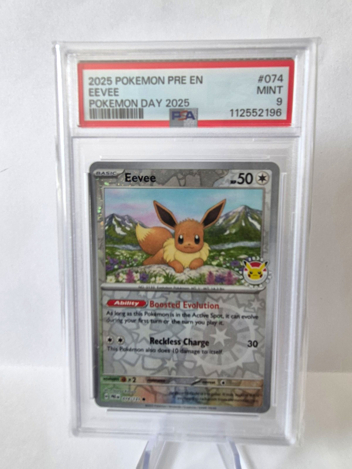 2025 Pokemon Prismatic Evolutions Eevee #074 Pokemon Day Promo PSA 9