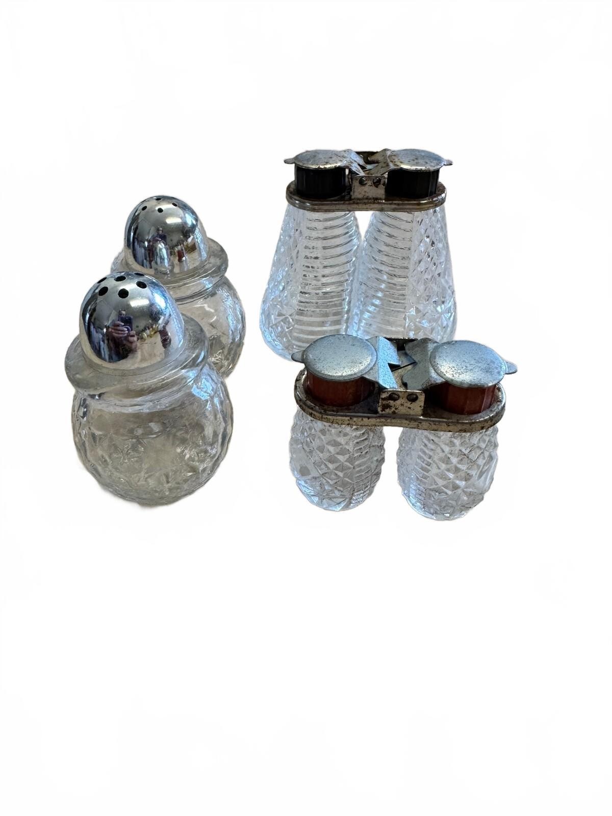 Vintage Glass Salt & Pepper Shakers Lot 3 Sets Metal Tops