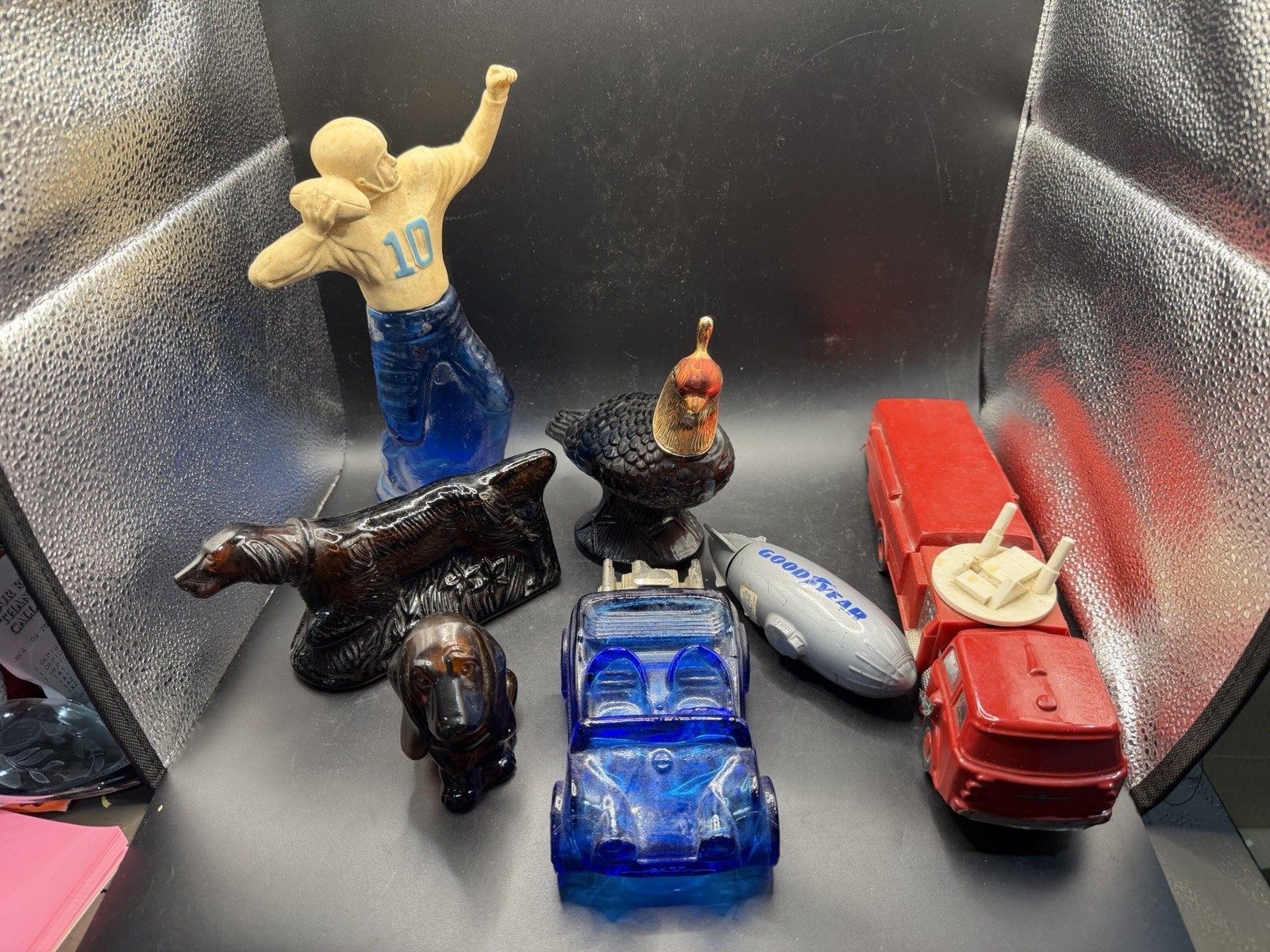 Vintage Avon Glass Cologne Bottle Lot 7 Footballer Car Blimp Dogs Bird 