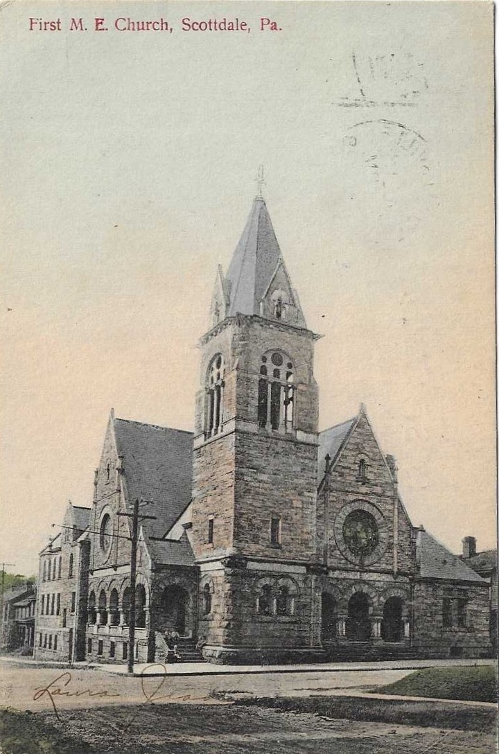 Scottsdale Pennsylvania First M. E. Church PA Postcard 1908 FLAG CANCEL 1