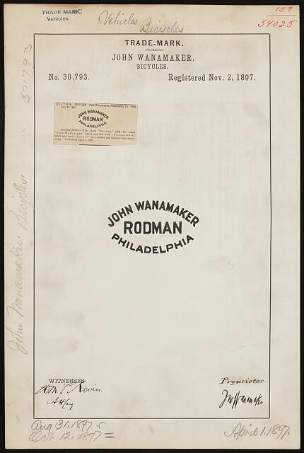 Photo:Philadelphia PA 1897 John Wanamaker Rodman Bicycles Trademark