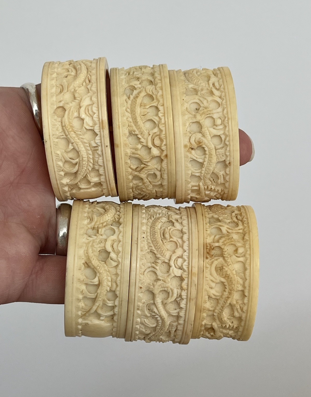 Antique Chinese Carved Bovine Horn Napkin Rings ￼