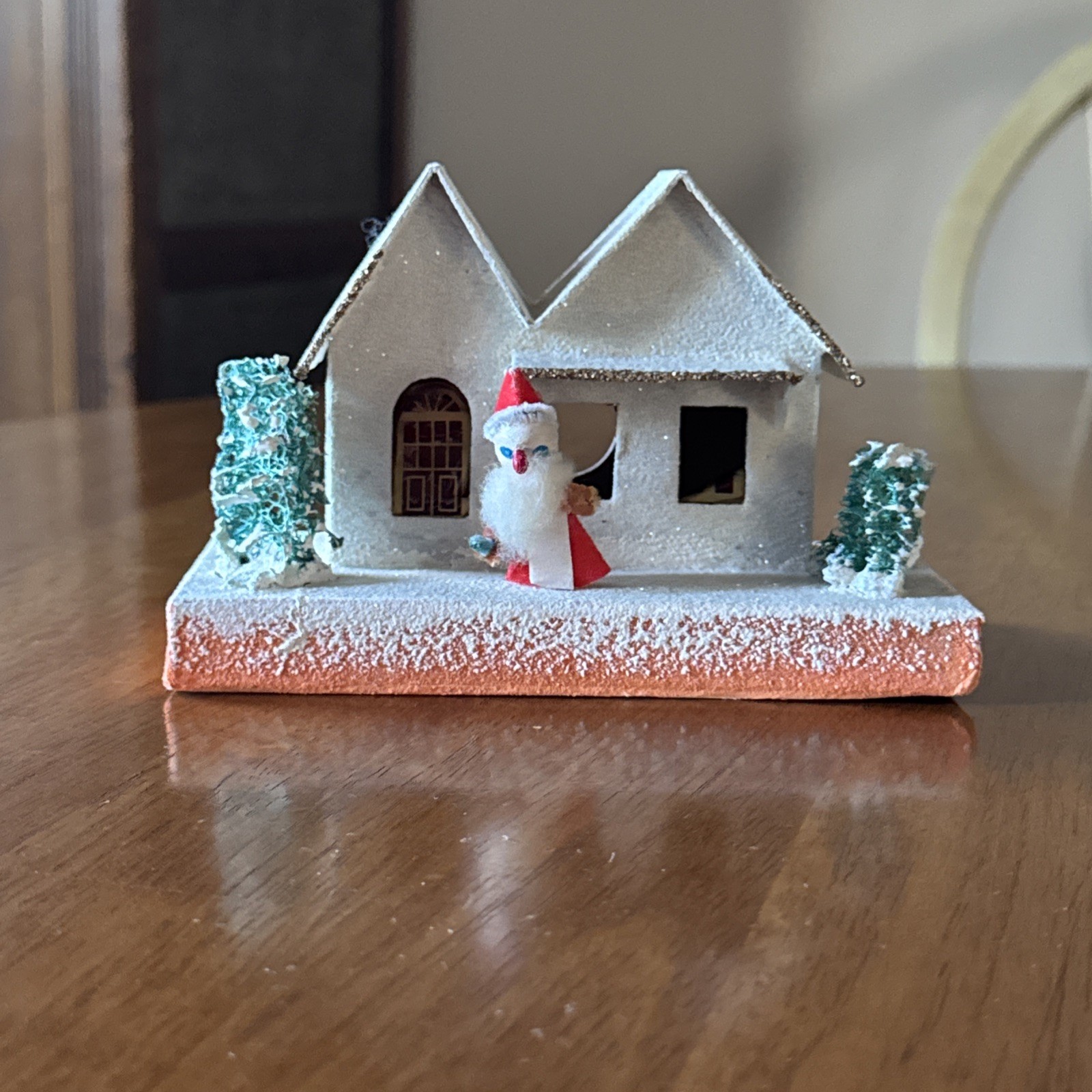 Vintage Putz Christmas Mica Paper Cardboard House Flocked Santa Trees READ