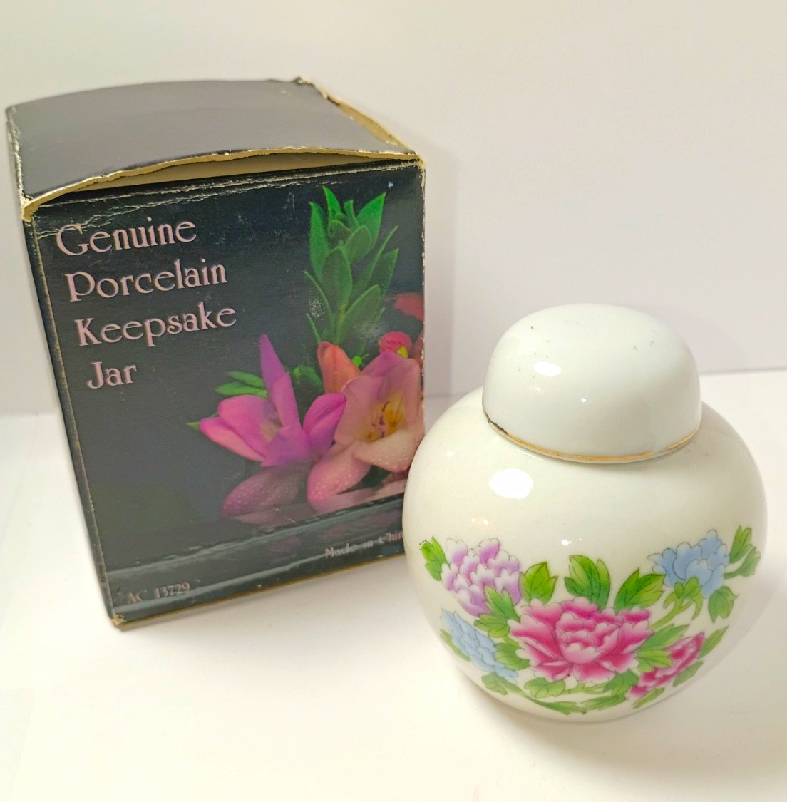 Porcelain Floral Keepsake Jar w/ Lid Boxed Small Round Glossy 3 in