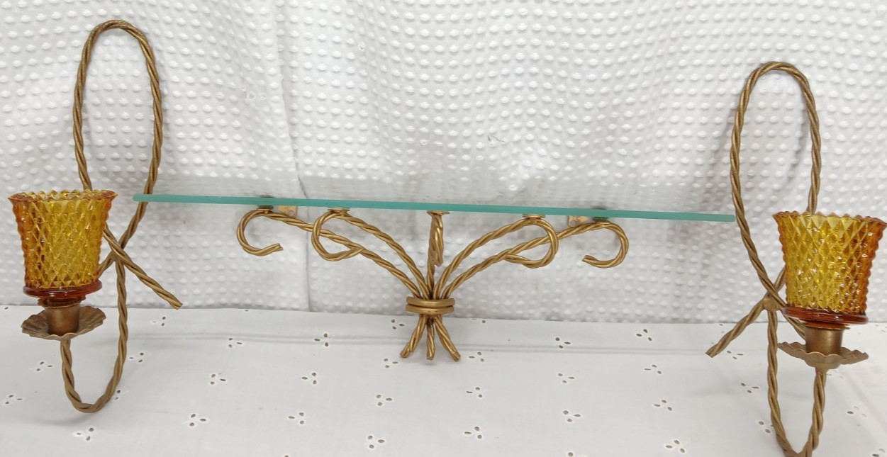 PR VTG GOLD TWISTED ROPE WALL SCONCE CANDLE HOLDERS & GLASS SHELF 