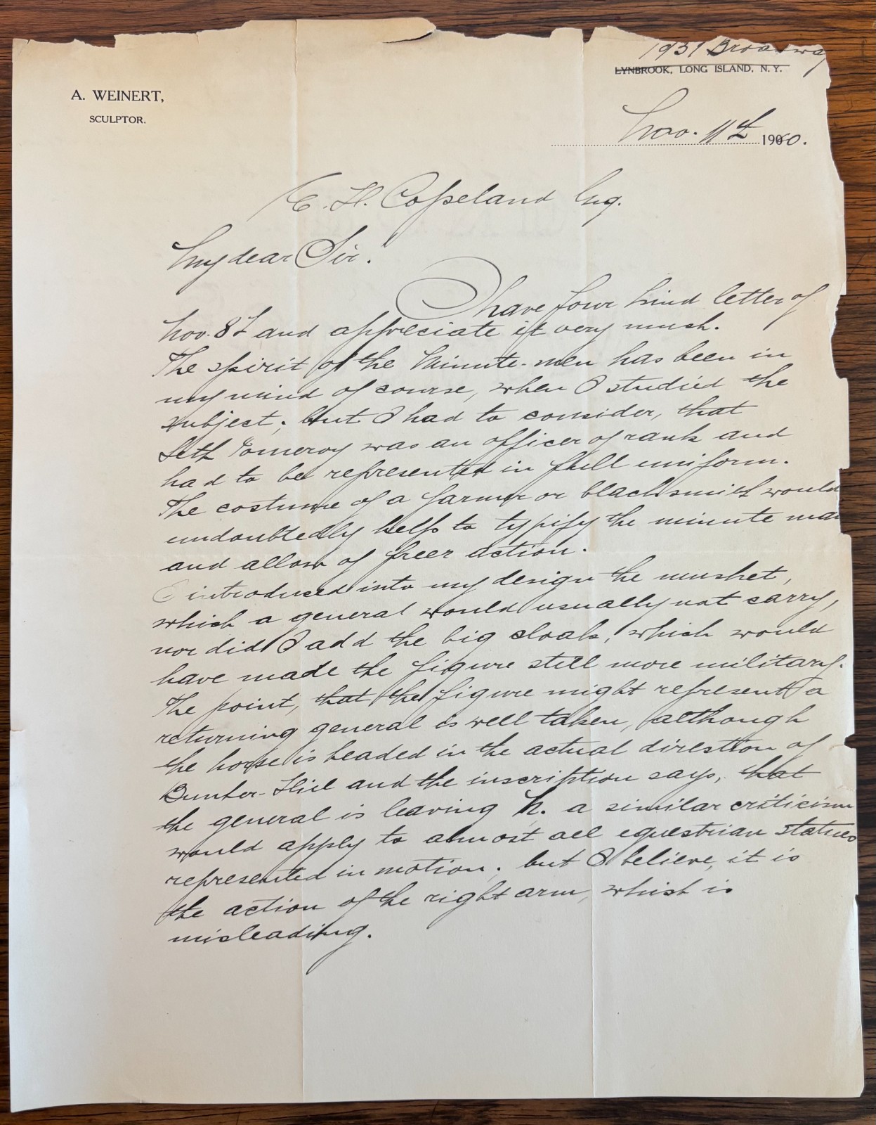 ALBERT WEINERT NOTED SCULPTOR AUTOGRAPH LETTER SIGNED New York City Art History
