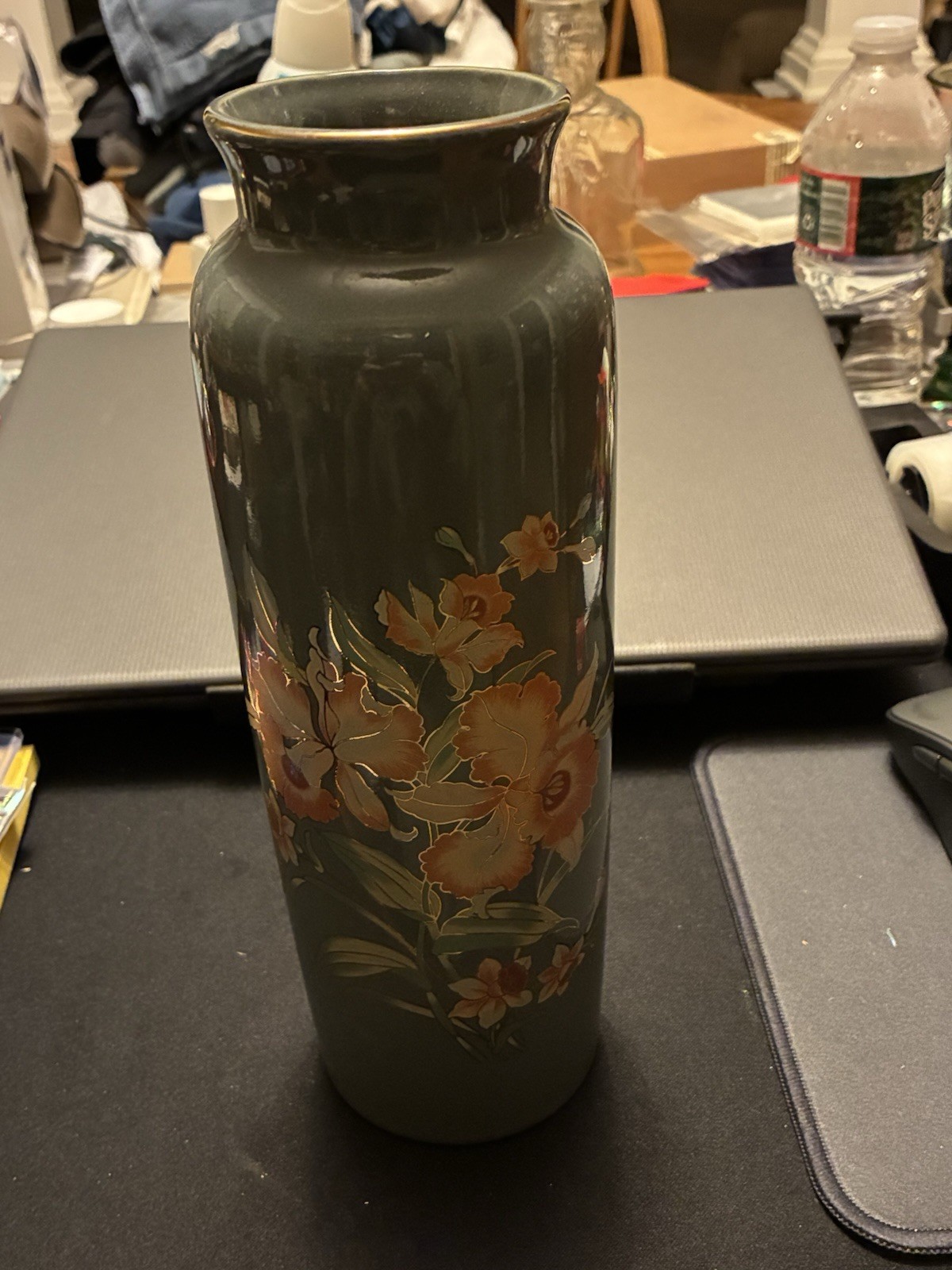 Rare Hand Painted 1950s Japanese Ceramic Floral Vase Orange Lillies & Gold Trim.