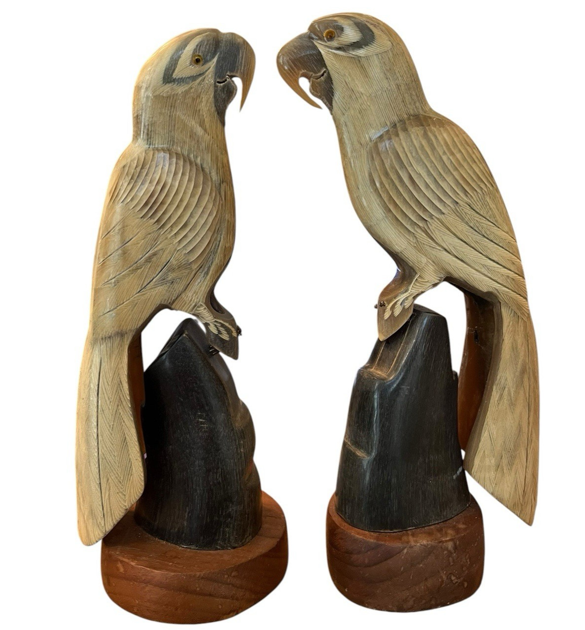 Vintage Hand Carved Horn Pair of Parrot Sculptures On Wood Base Parrot Thailand