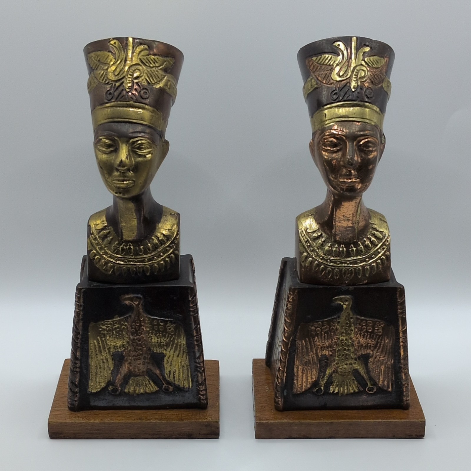 Vintage Egyptian Revival Bronze Nefertiti On Wood Base Bookends