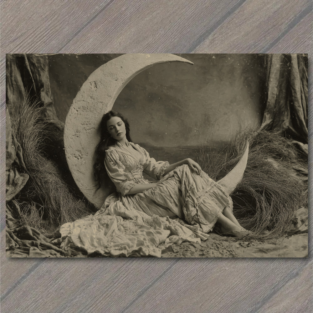 POSTCARD Victorian Woman Crescent Moon Night Dreamlike Portrait POSTCARD Victorian Woman Crescent Moon Night Dreamlike Portrait