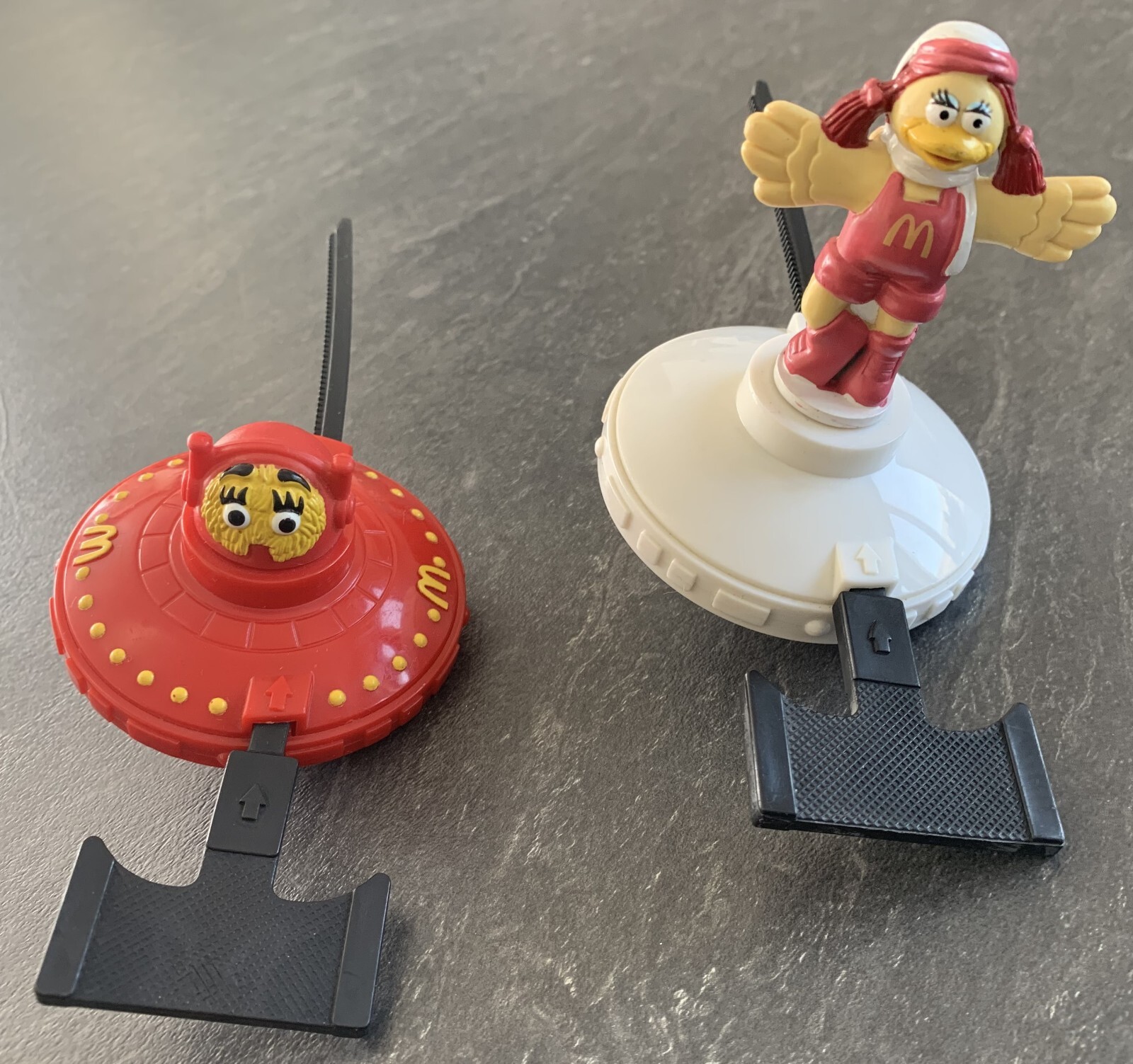 McDonalds Happy Meal 2x Figure Robot Spinning & Birdie on Spinning Top 1992/94 Vintag