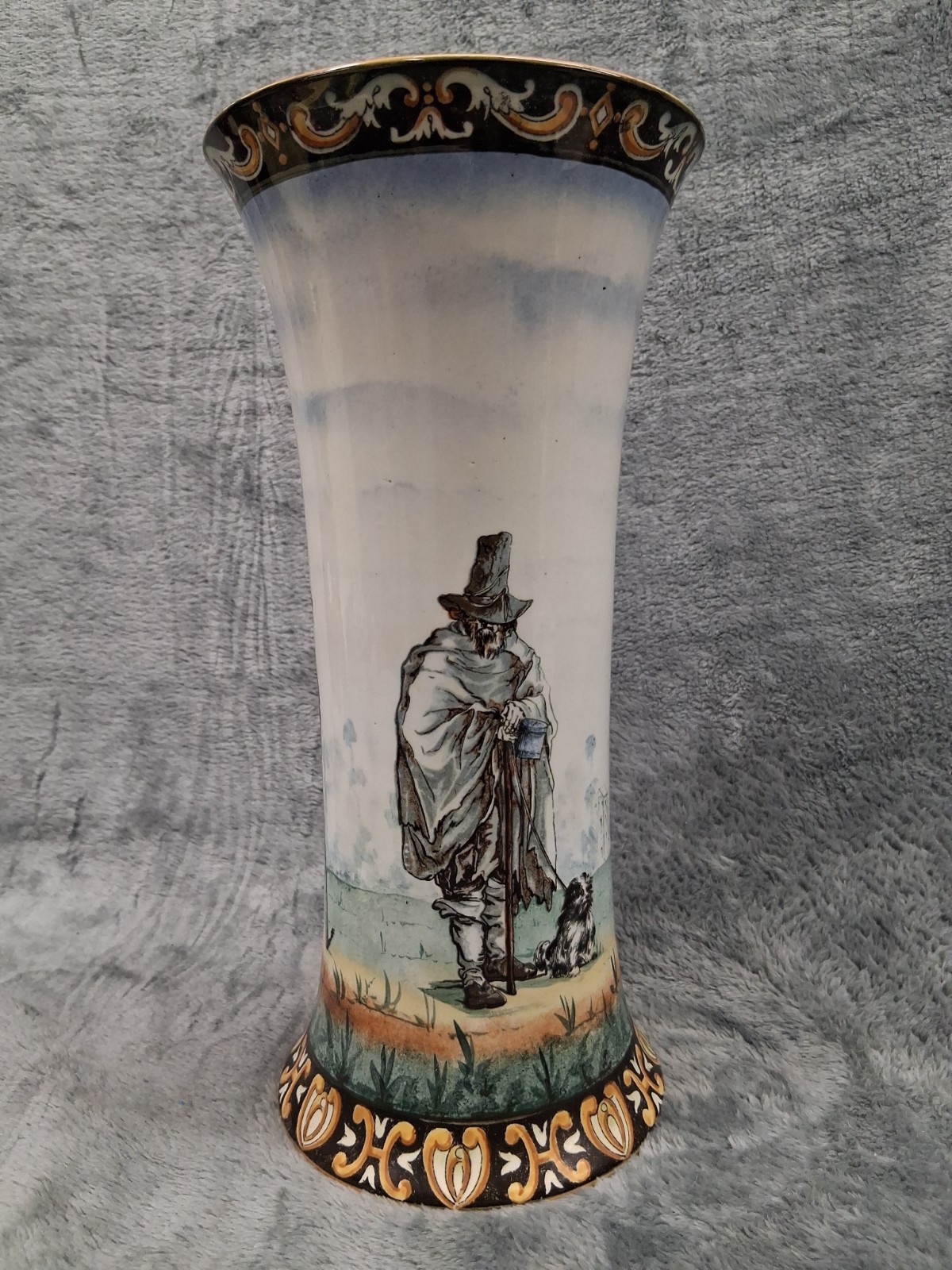 Antique Gien France Faience Jacques Callot Beggars Scroll Cylinder Vase 12\