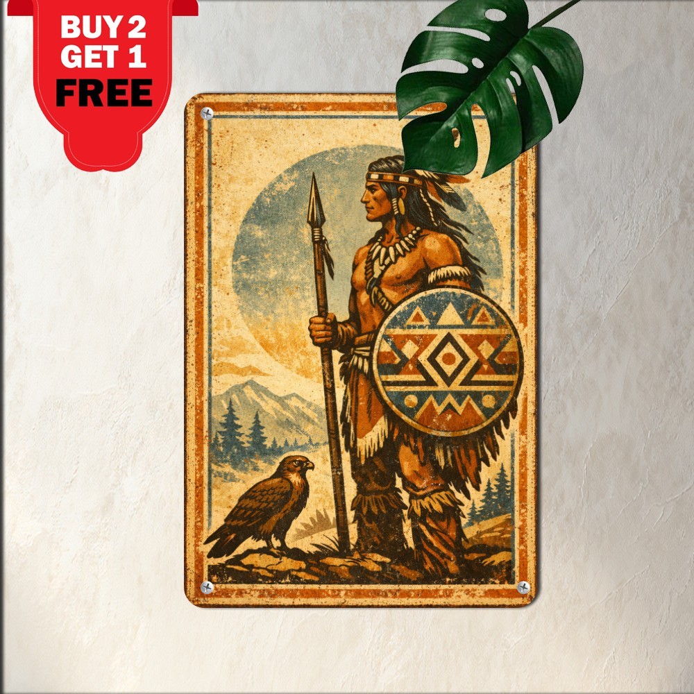 Tribal Eagle Warrior Metal Sign Rustic Southwestern Cabin Wall Tin Plaque