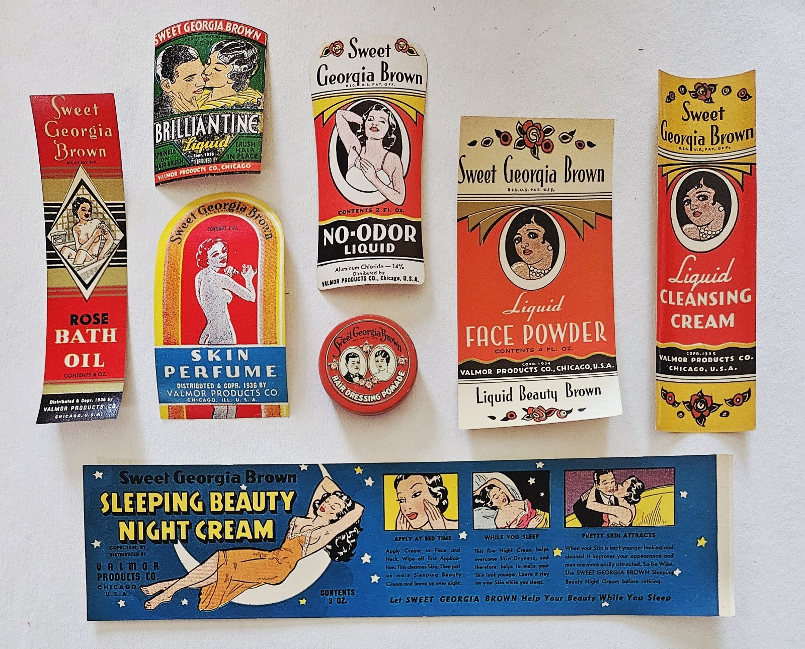 7 Vintage Old Sweet Georgia Brown Beauty Labels + Tin Valmor Black Americana