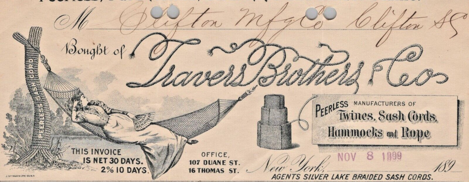 Hammocks & Ropes Invoice Letterhead Antique 1899  A9E