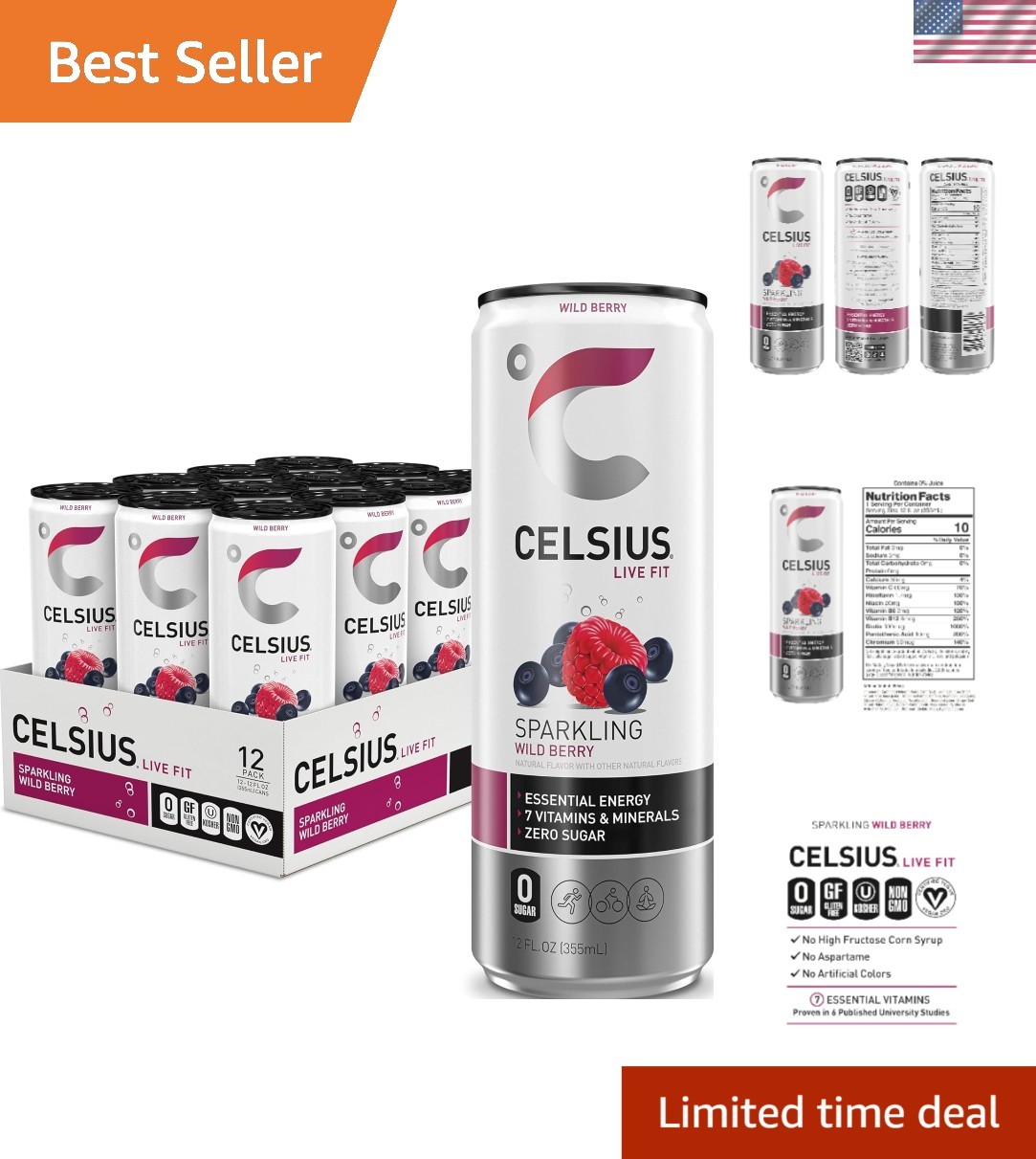 12 Cans of Sparkling Wild Berry Energy Drink - Sugar-Free & Loaded with Vitamins 12 Cans of Sparkling Wild Berry Energy Drink - Sugar-Free & Loaded with Vitamins